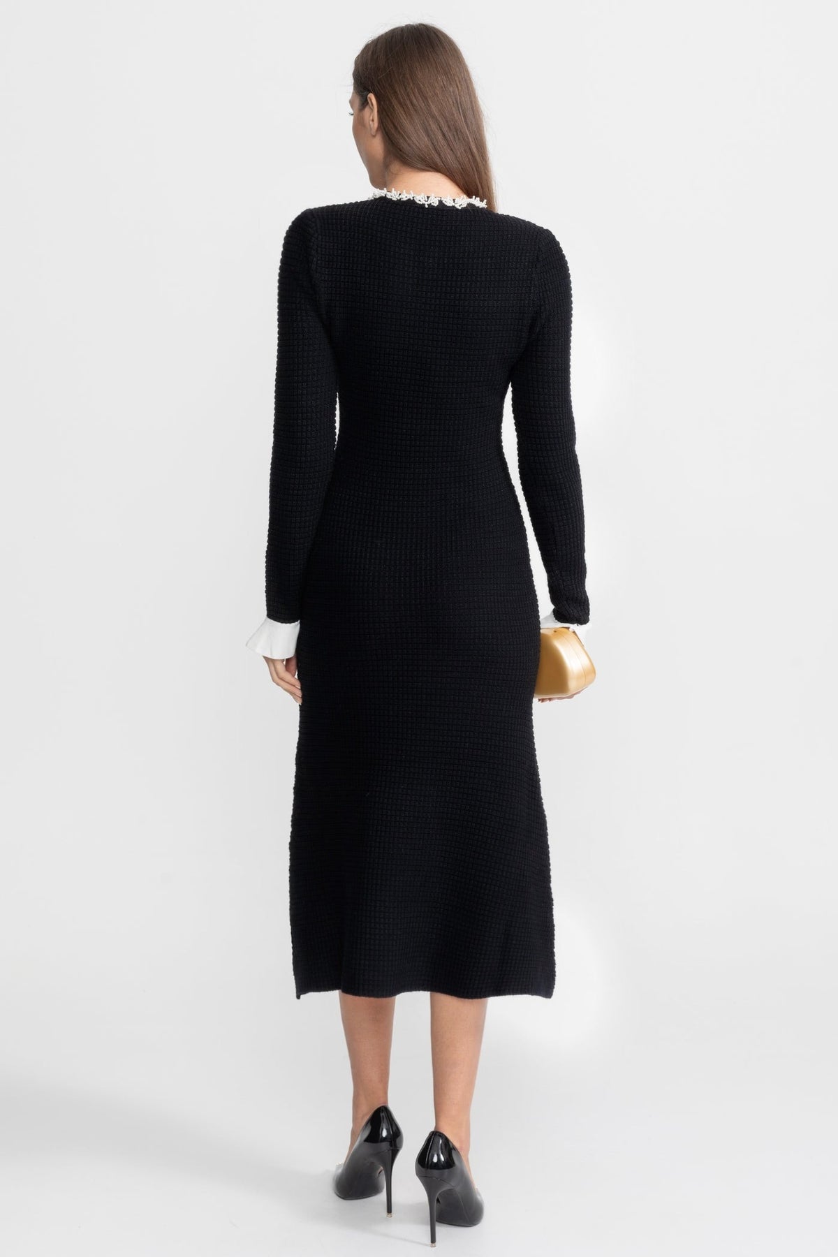 Textured Midi Dress with Contrast Embroidered Trim – Black