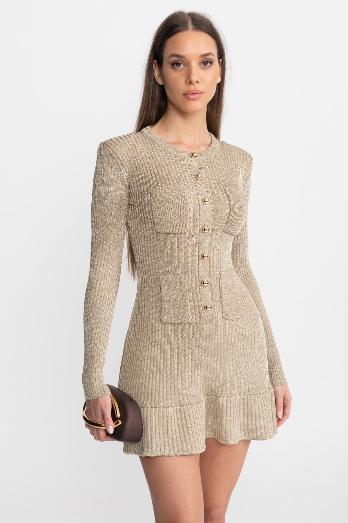 Ribbed Knit Mini Dress with Gold Button Front – Champagne