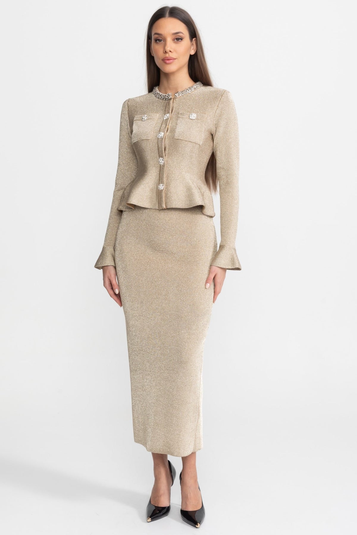 Shimmer Knit Dress with Crystal Button Accents – Champagne