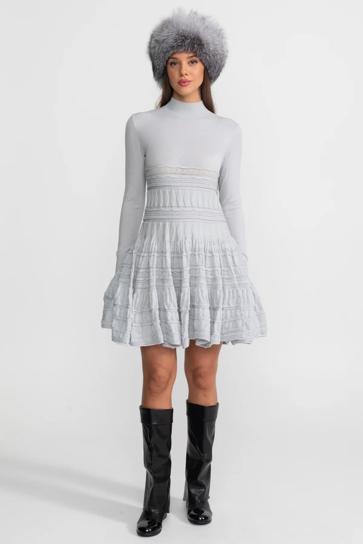 Textured Knit Mini Dress with Flared Skirt - Light Gray