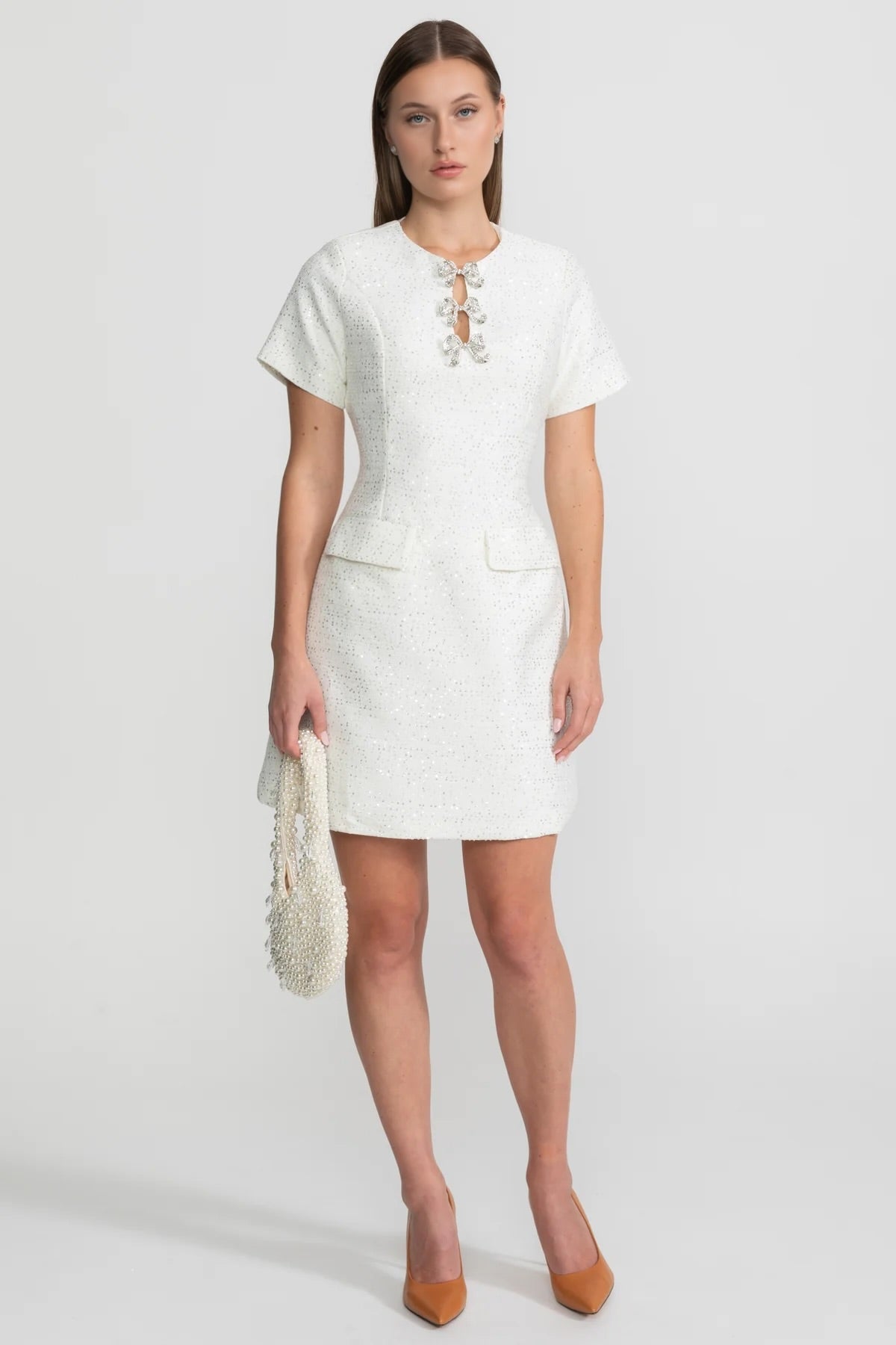 Sequin Mini Dress with Crystal Bow Accents - White