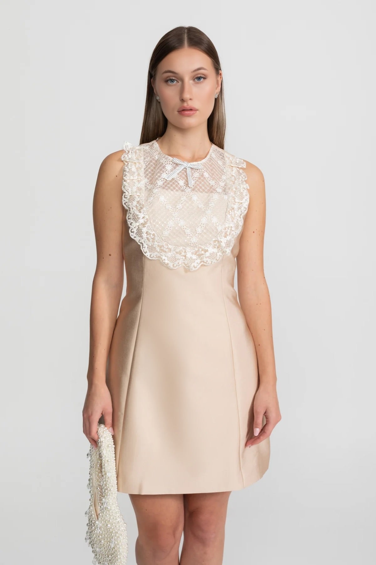 Lace Bib Detail Mini Dress – Nude