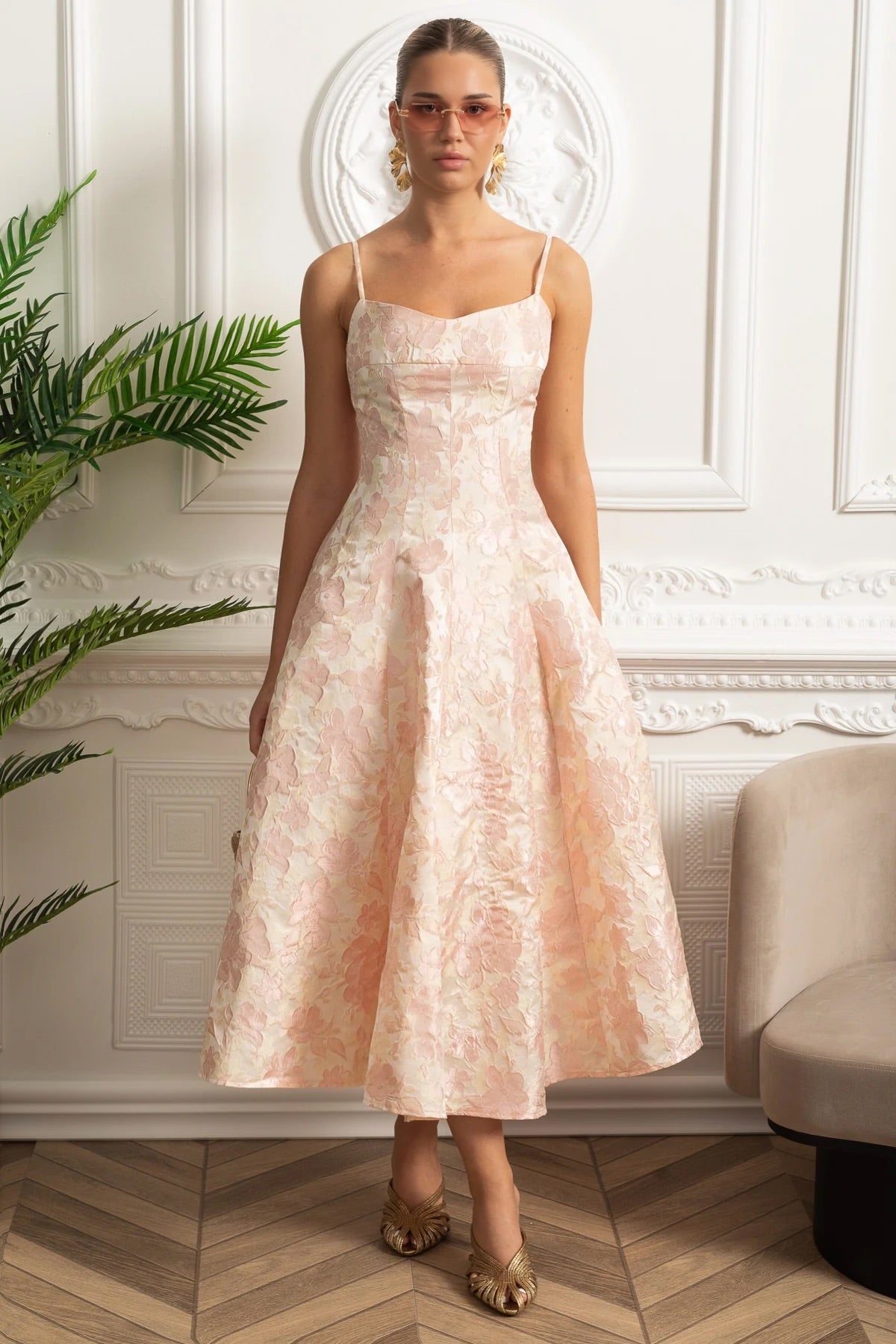 Jacquard Midi Dress with Floral Motif and Spaghetti Straps - Blush Pink
