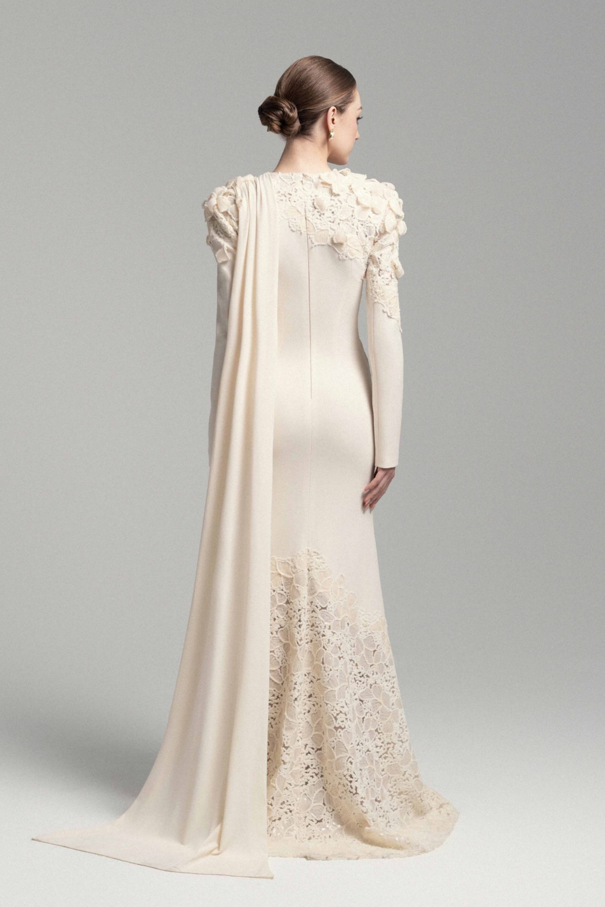 Calanthe Champagne Floral Lace Maxi Dress with Ribbon Detail