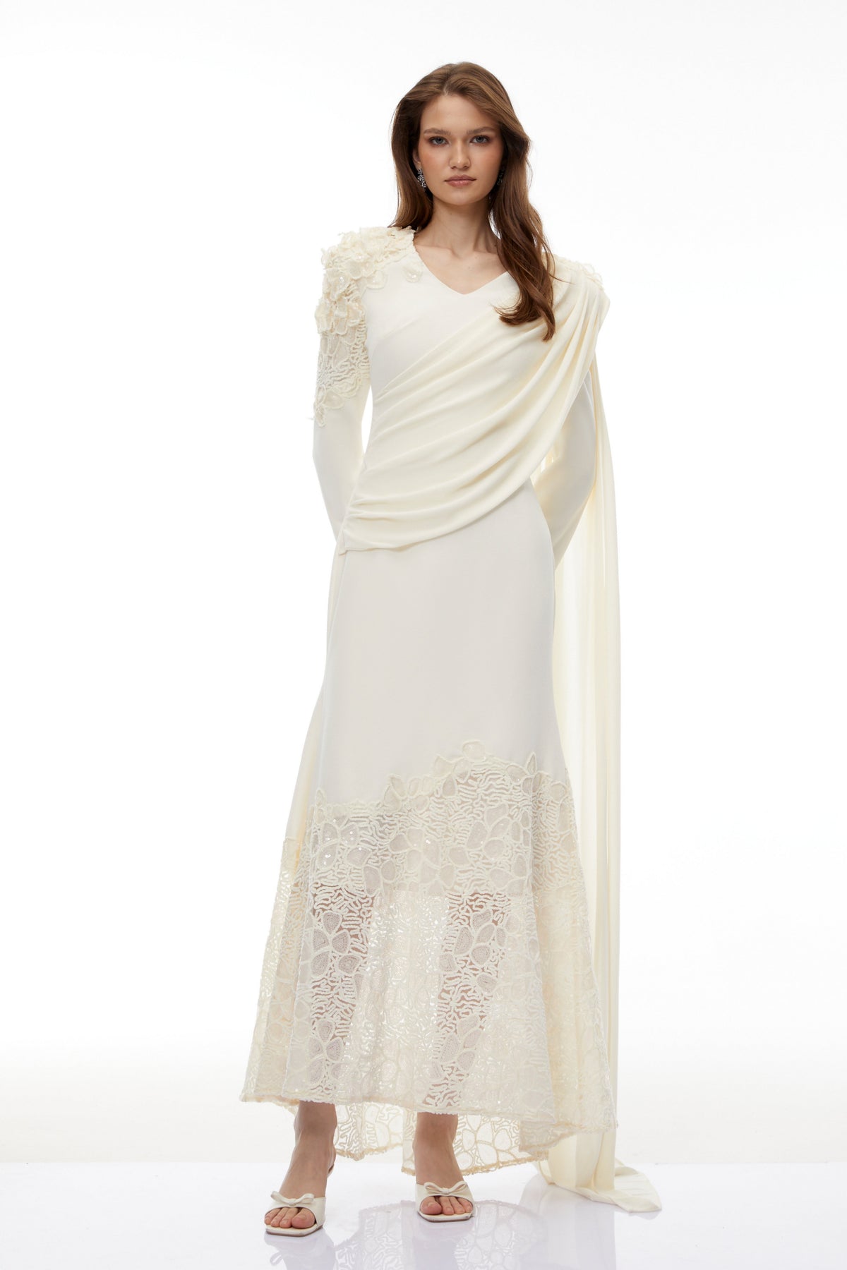 Calanthe Champagne Floral Lace Maxi Dress with Ribbon Detail (Final Sale-US Only)