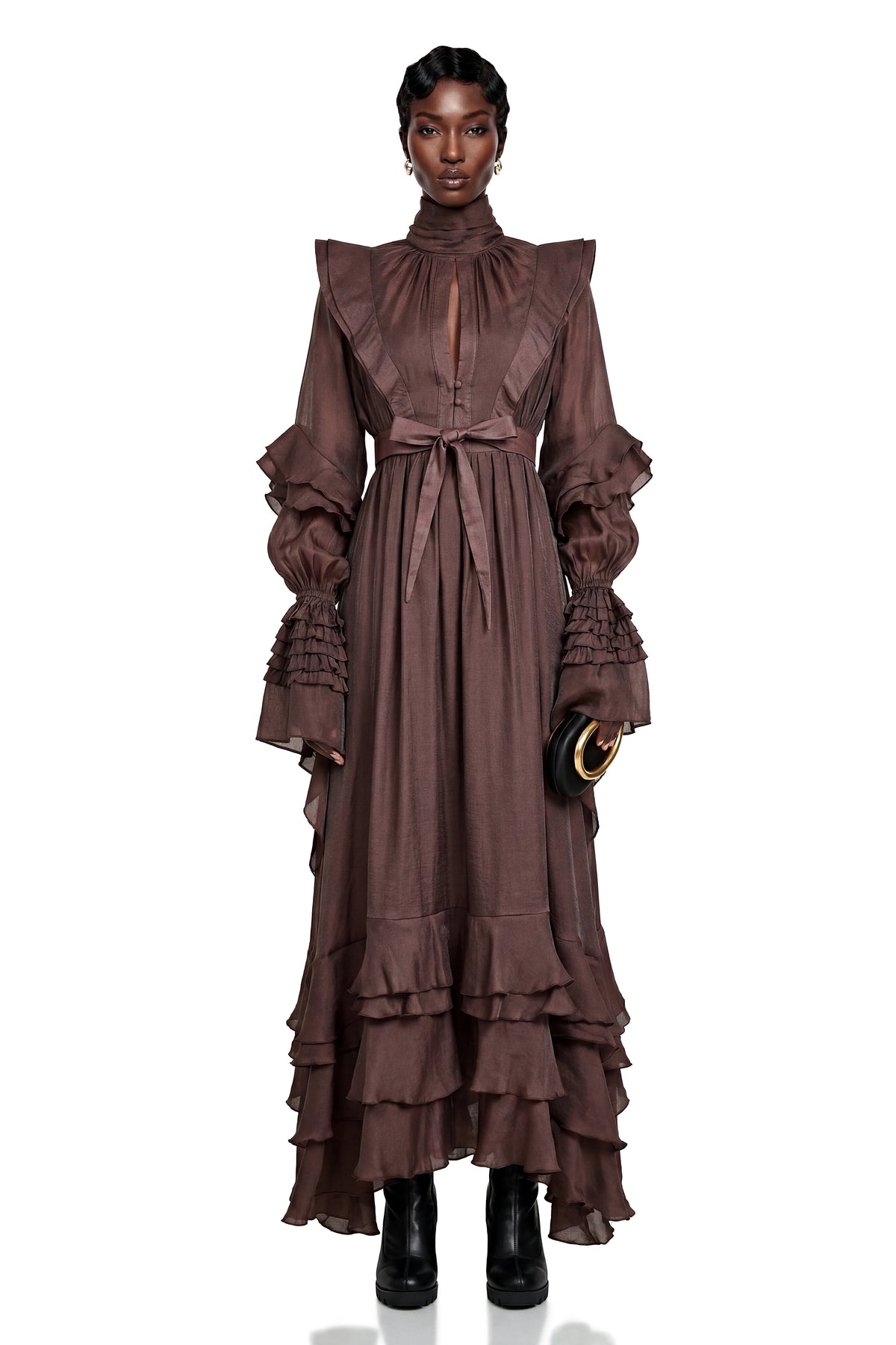 Callirhoe Chocolate Brown Ruffled Ruched Maxi Dress