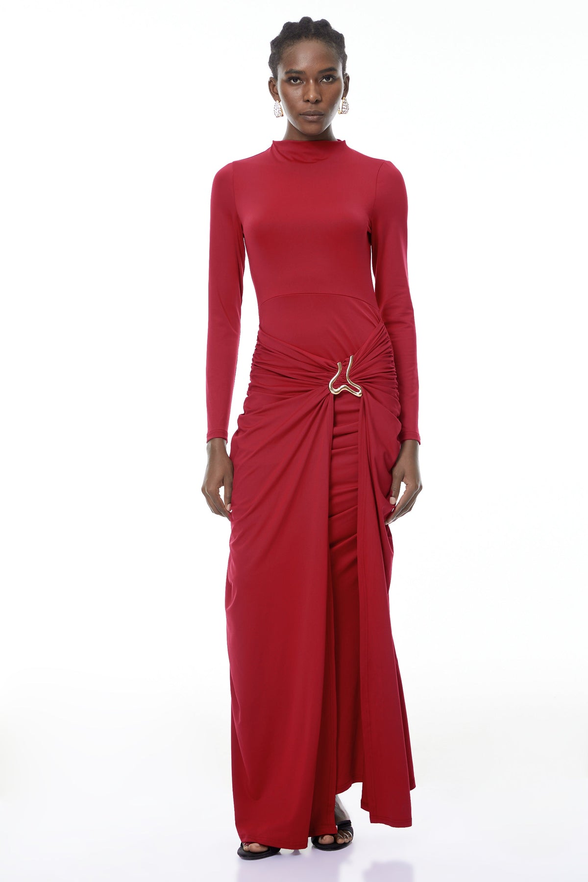 Cambria Red Ruched Maxi Dress with Metal Buckle (Final Sale)