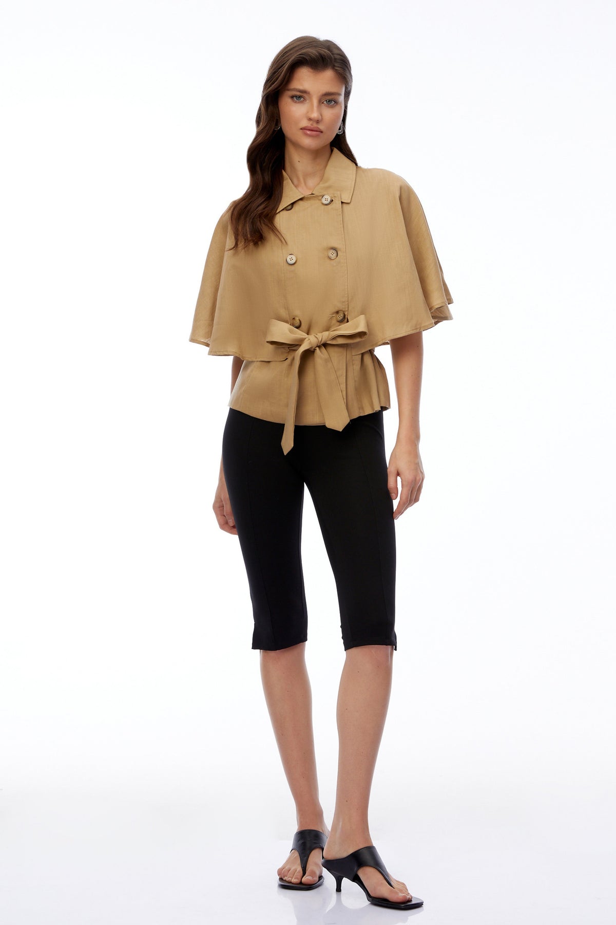 Camila Khaki Button Down Coat with Cape Sleeves