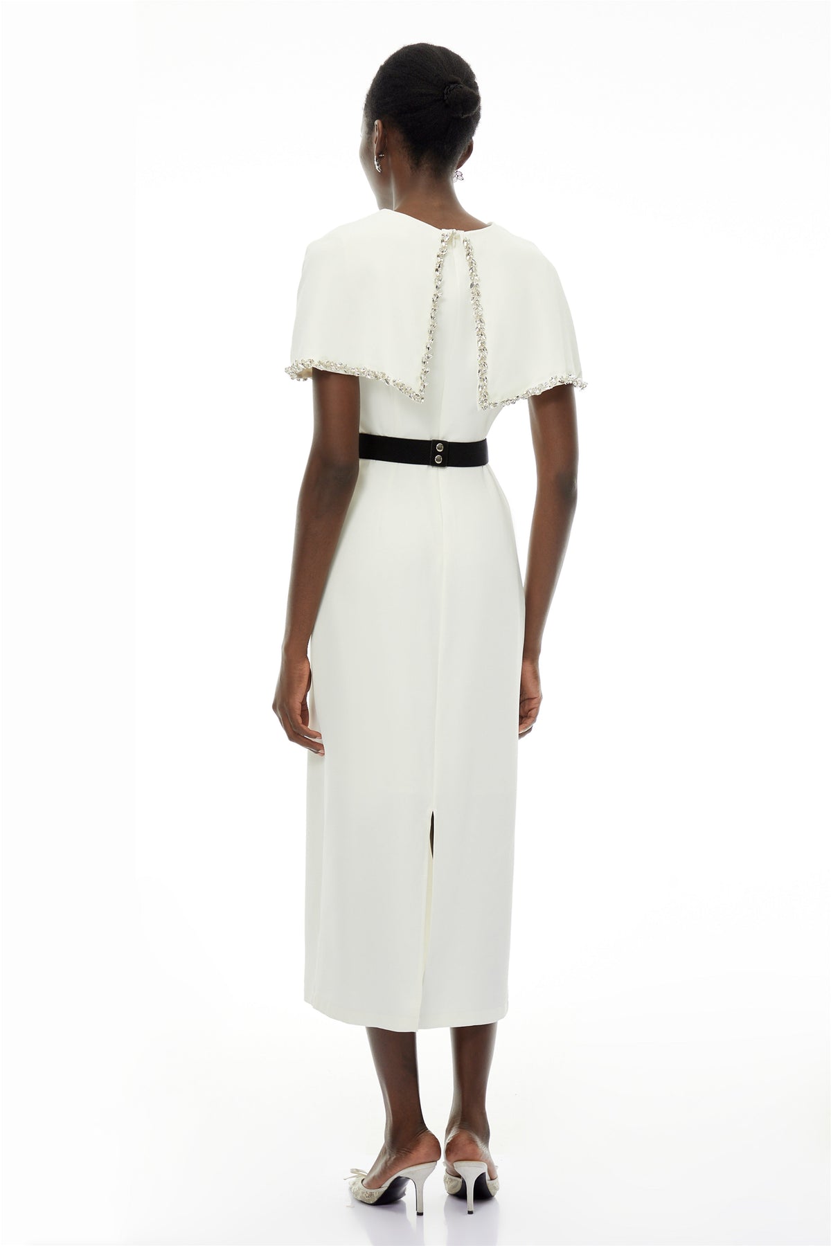 Camille White Embellished Midi Dress with Cape Sleeves