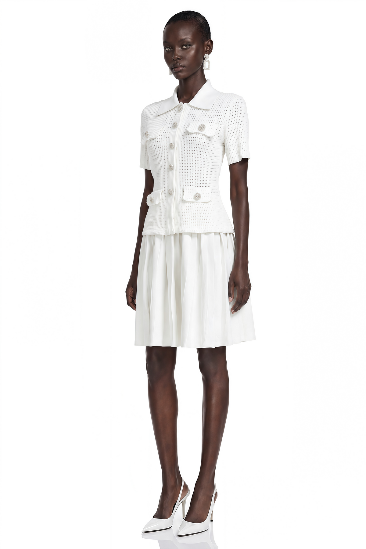 Carol White Collared Blouse & Pleated Skirt Set