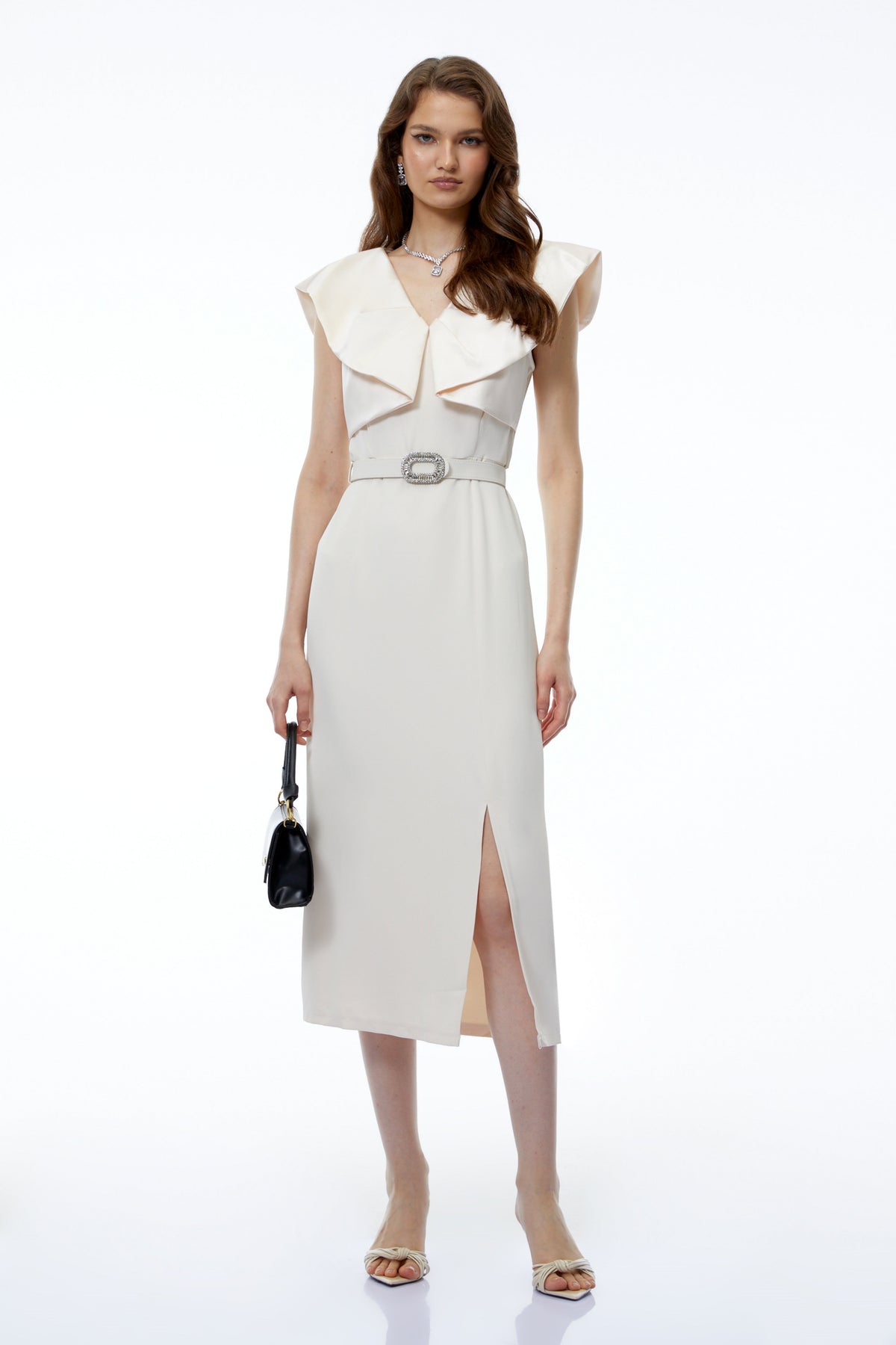 Caroline White V-Neck Ruched Maxi Dress with Slit