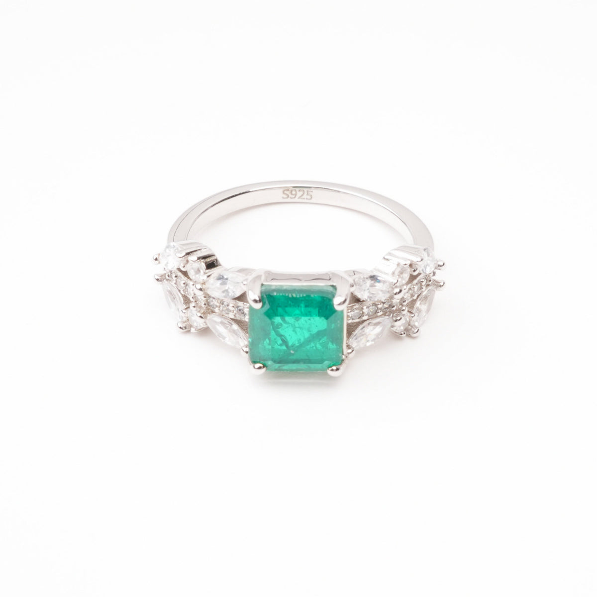 Catherine Emerald Green Square Cut Marquise Floral Crystal Sterling Silver Ring
