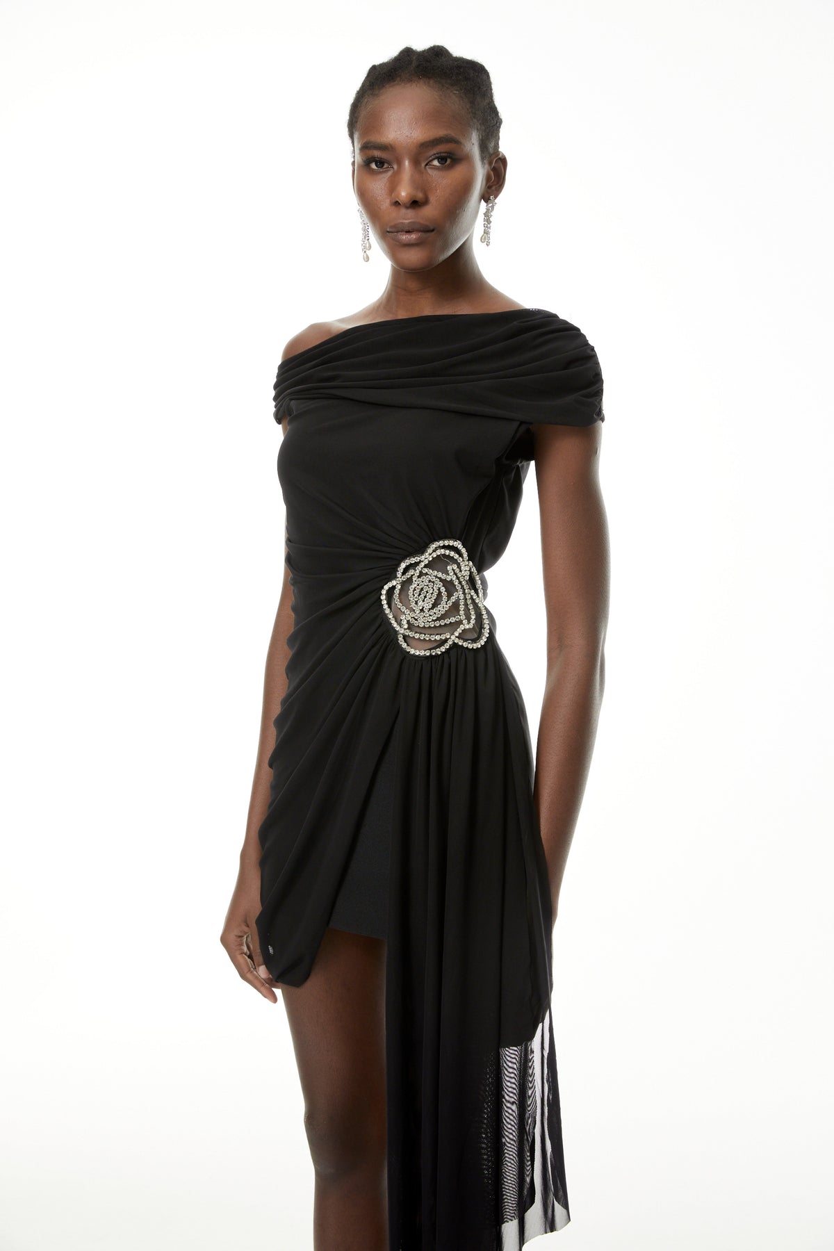 Cecil Black Rhinestone Floral Ruched Mini Dress