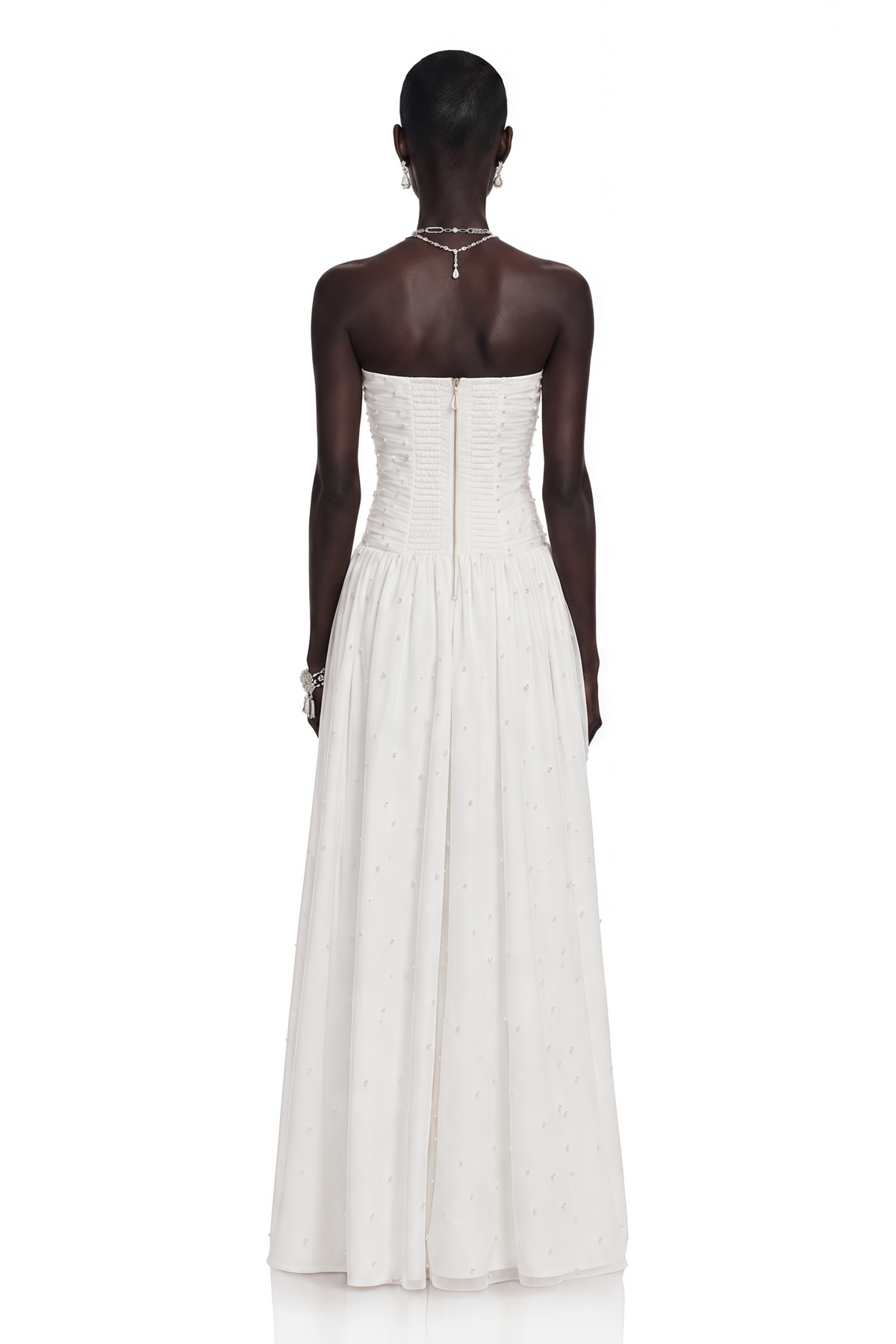 Celeste White Strapless Ruched Asymmetrical Maxi Dress