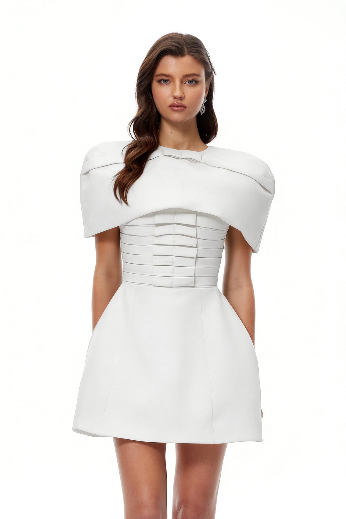 Celía White Cape Design Flared Mini Dress