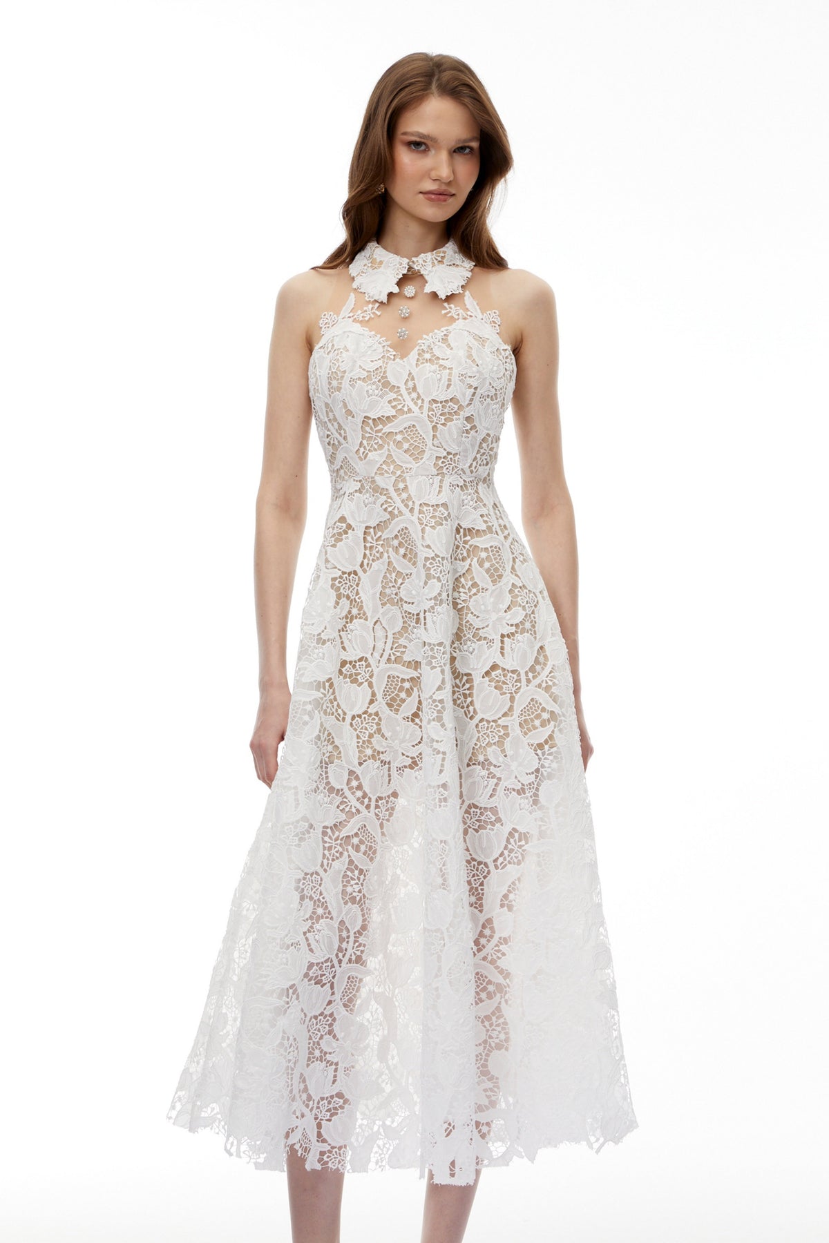 Chakame White Floral Lace Midi Dress