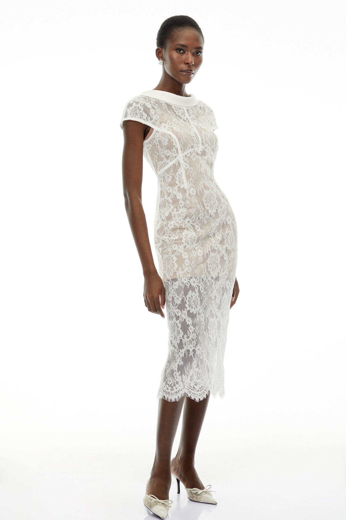 Chantal White Round Neck Floral Lace Midi Dress (Final Sale)