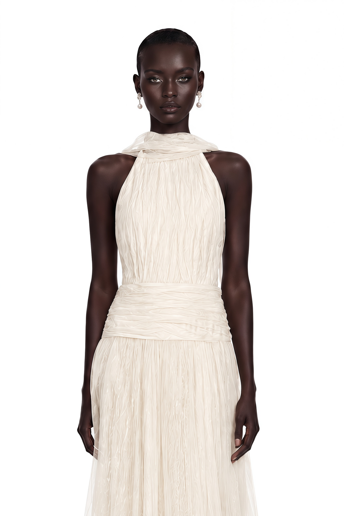 Charlotte Ivory Halterneck Lace Maxi Dress with Cape