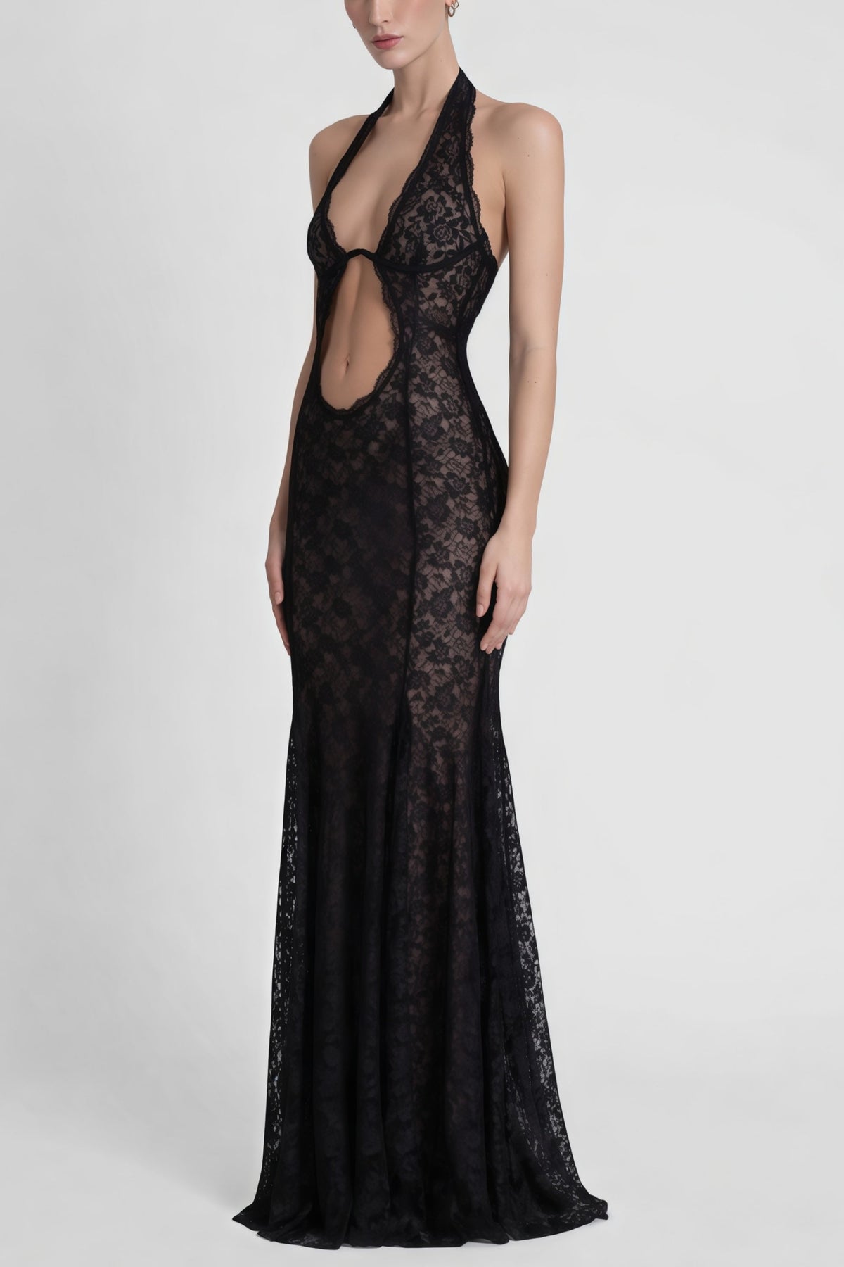 Solange Black Halterneck Floral Lace Maxi Dress