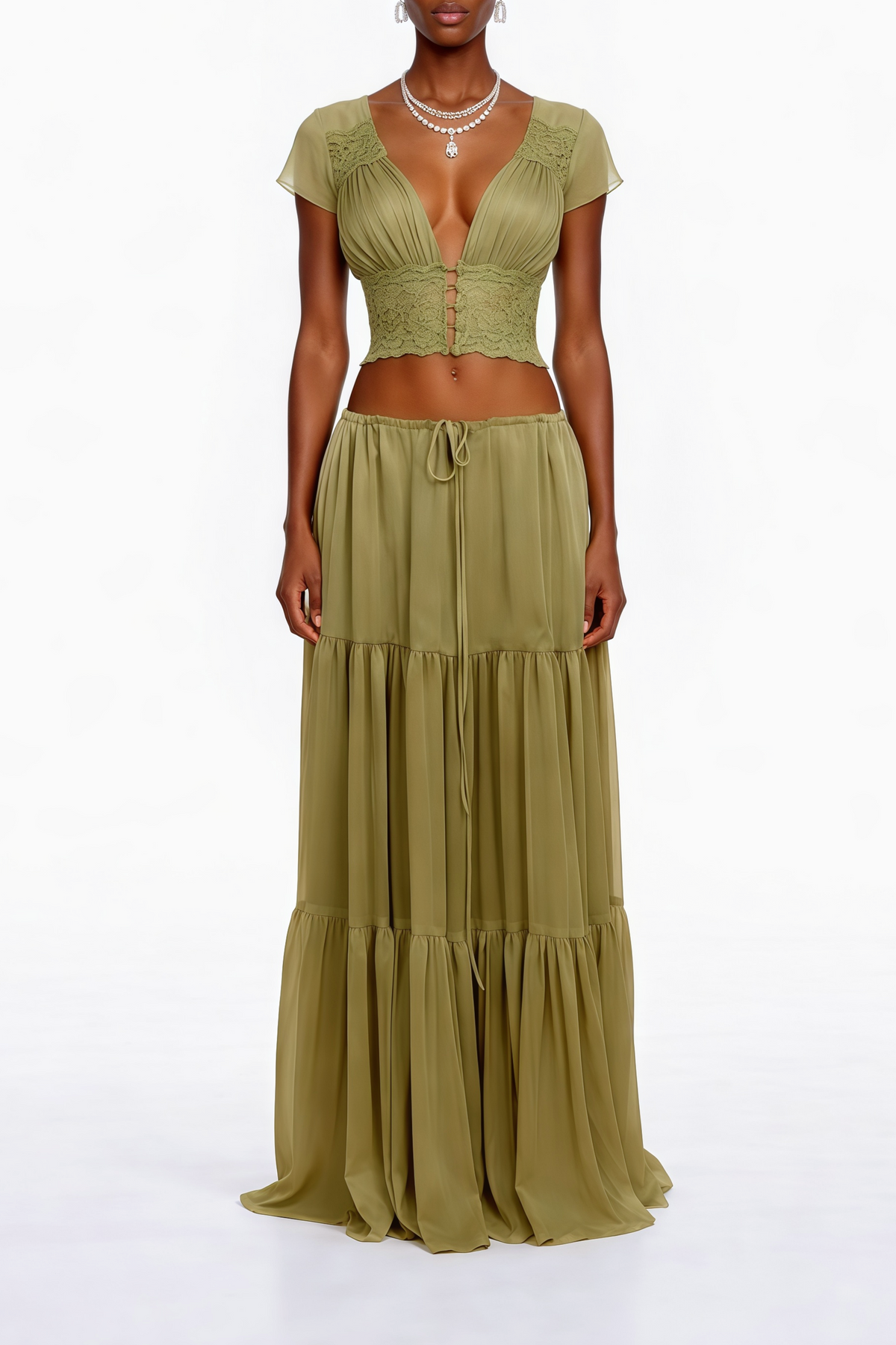 Pleiade Green Floral Lace Chiffon Top & Skirt Set
