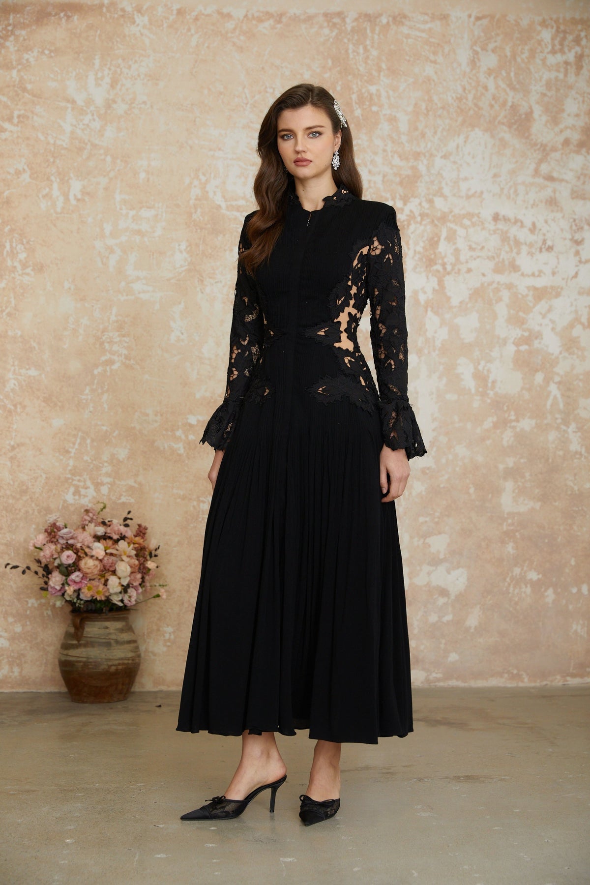 Chiara Black Lace Panel Pleated Midi Dress