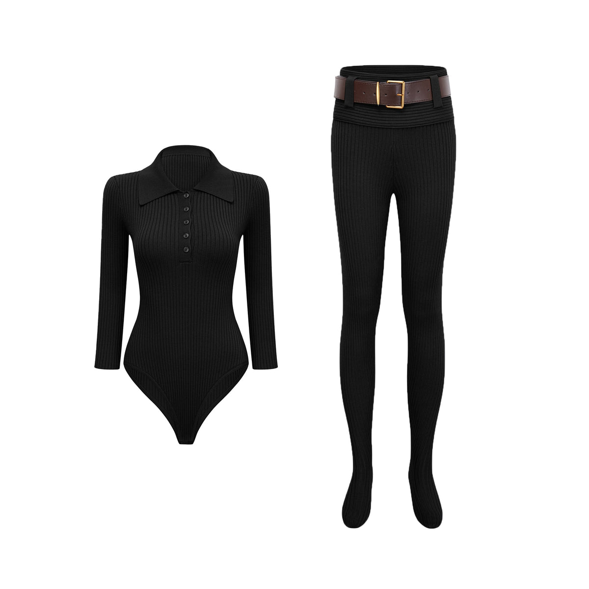 Claire Black Ribbed Knit Bodysuit & Trousers Set (Final Sale)