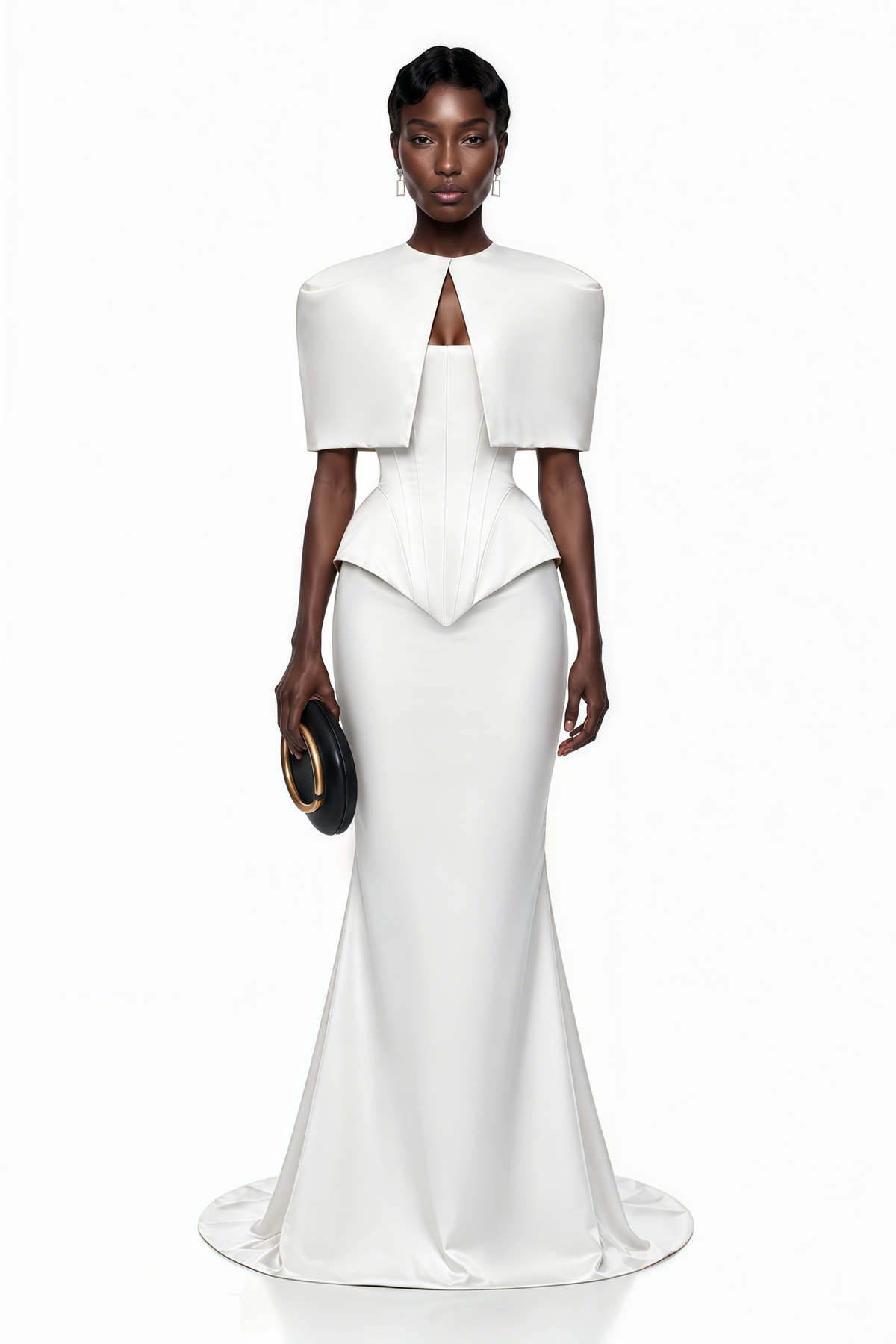Clara White Corset Top & Skirt Set With Cape