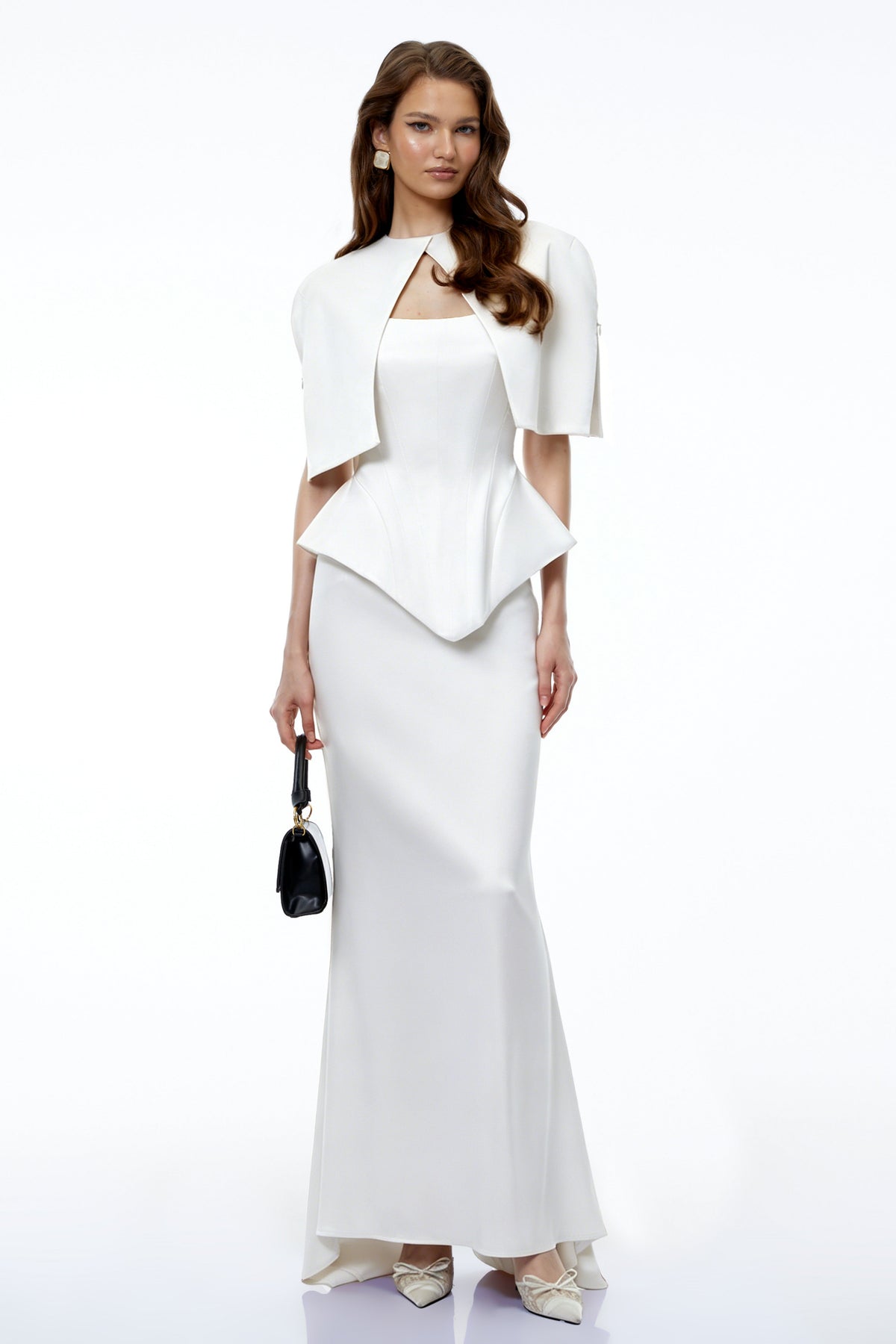 Clara White Corset Top & Skirt Set With Cape