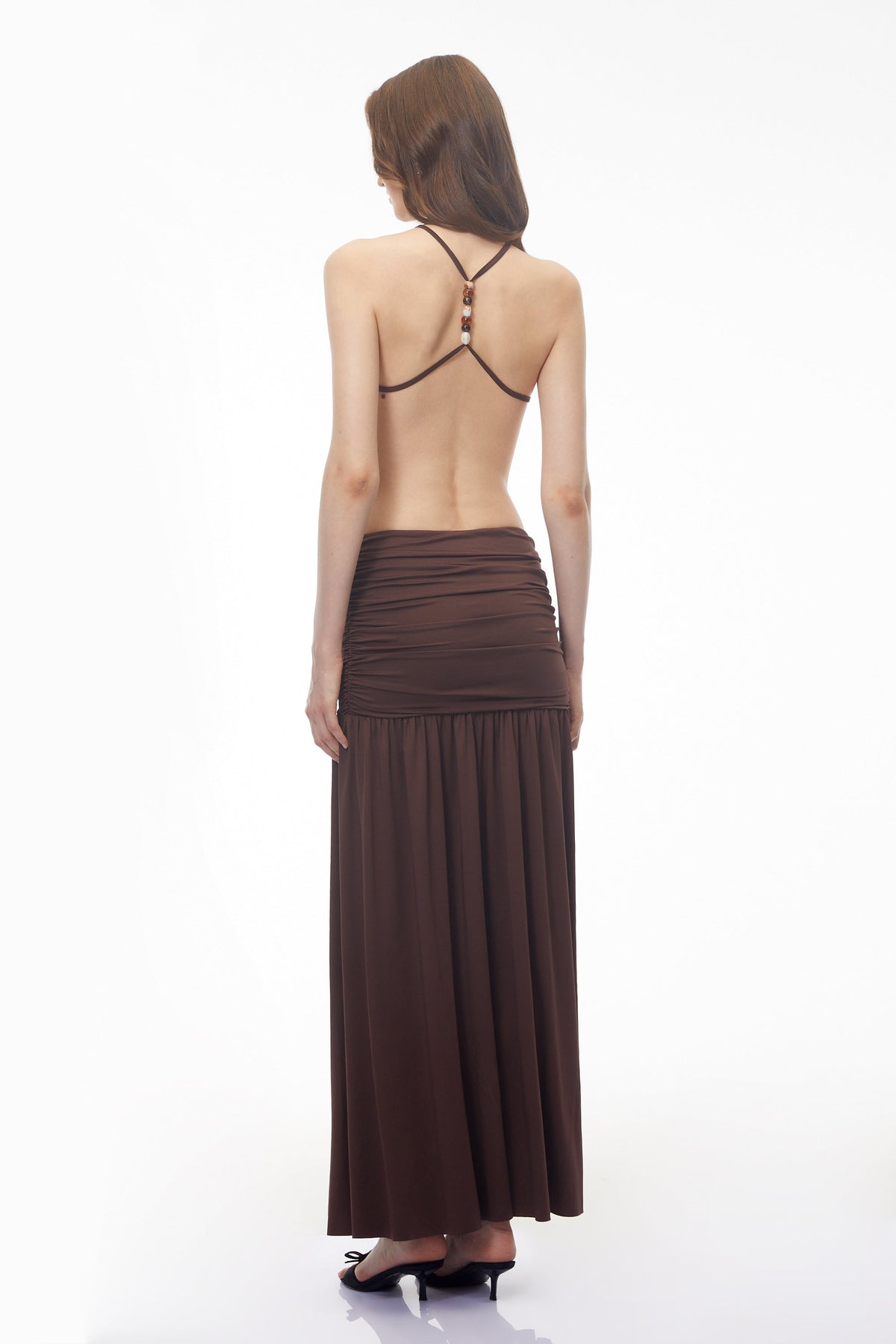 Claudia Brown Halterneck Ruched Maxi Dress