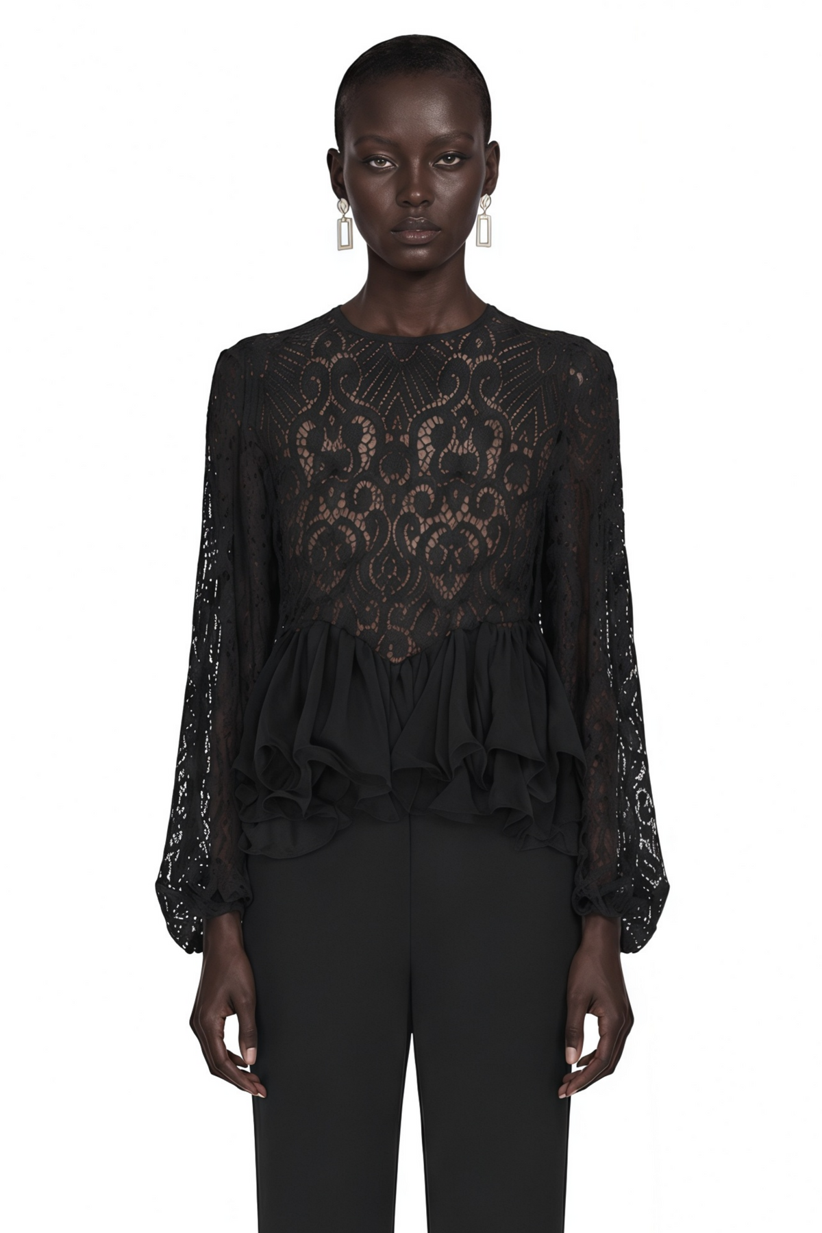 Cora Black Lace Ruffled Blouse