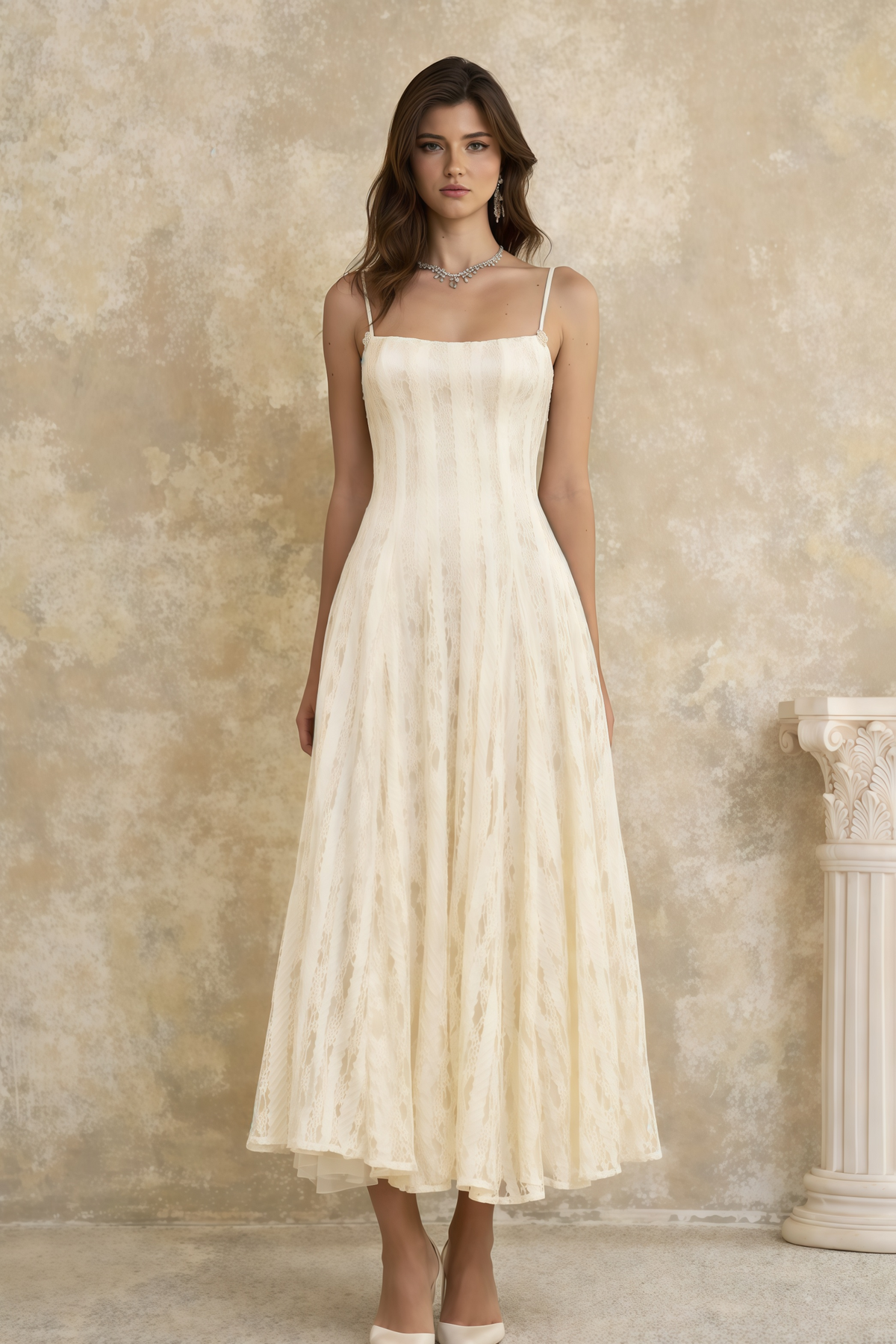 Coralie White Pleated Lace Midi Dress