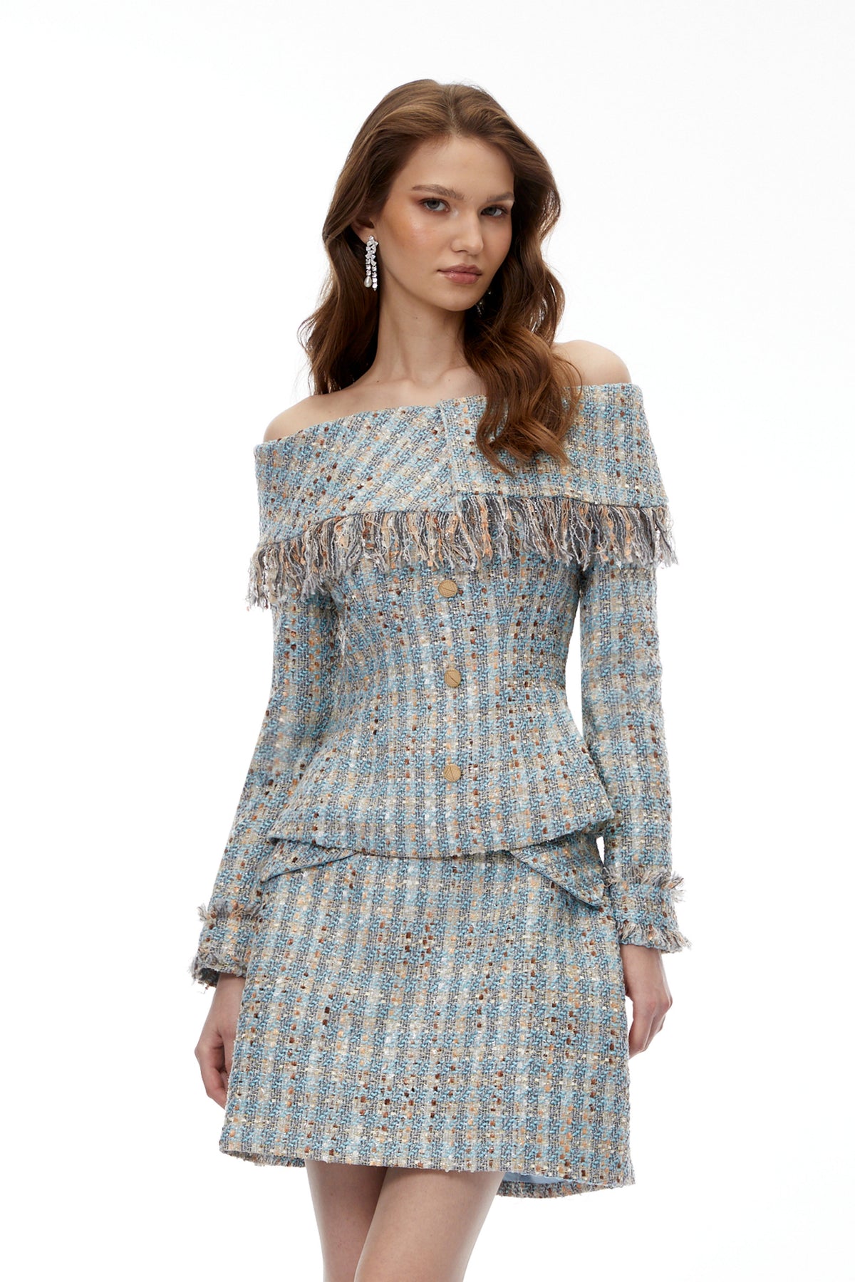 Coraline Blue Off Shoulder Tweed Top & Skirt Set
