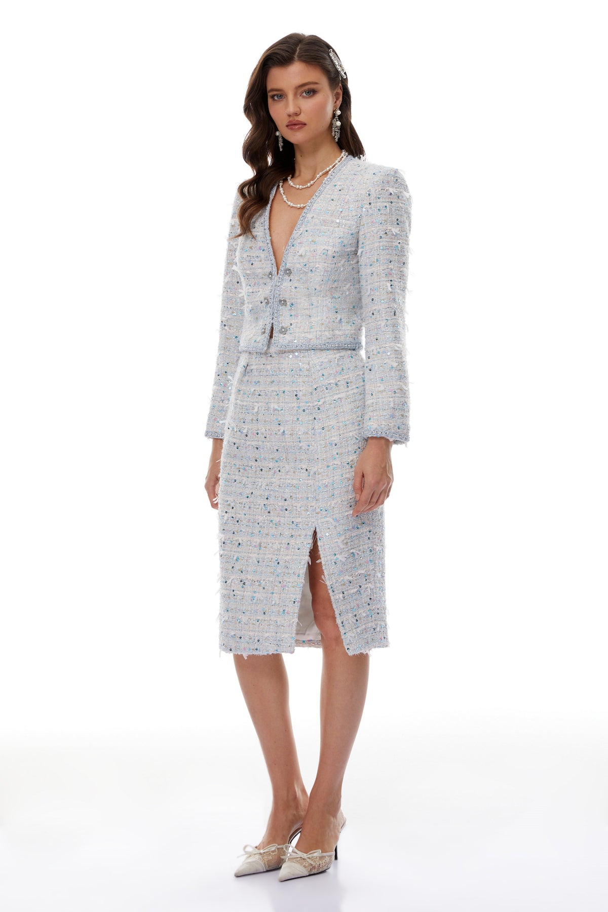 Cornelia Blue Sequin Tweed Jacket & Slit Skirt Set