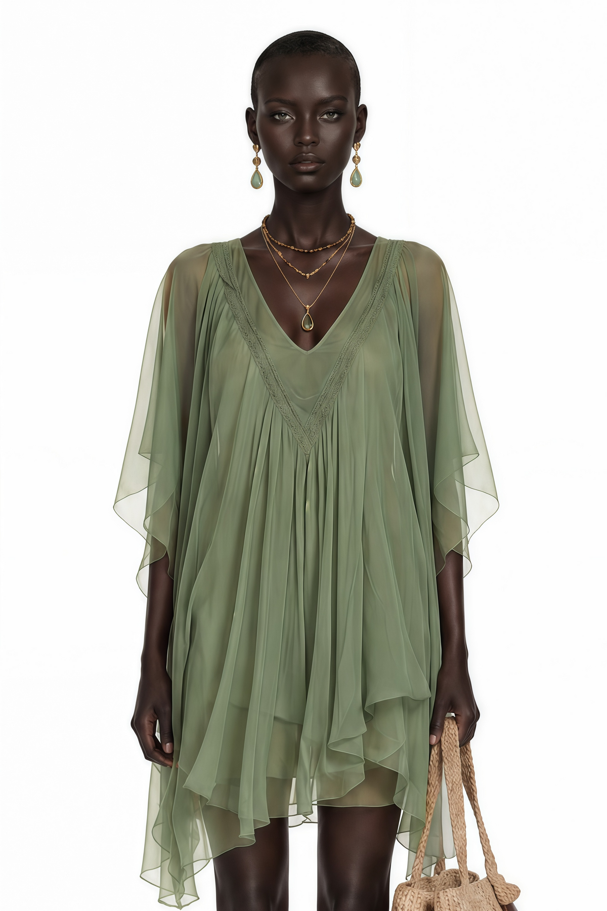 Cyrielle Emerald Green Chiffon Cape Mini Dress
