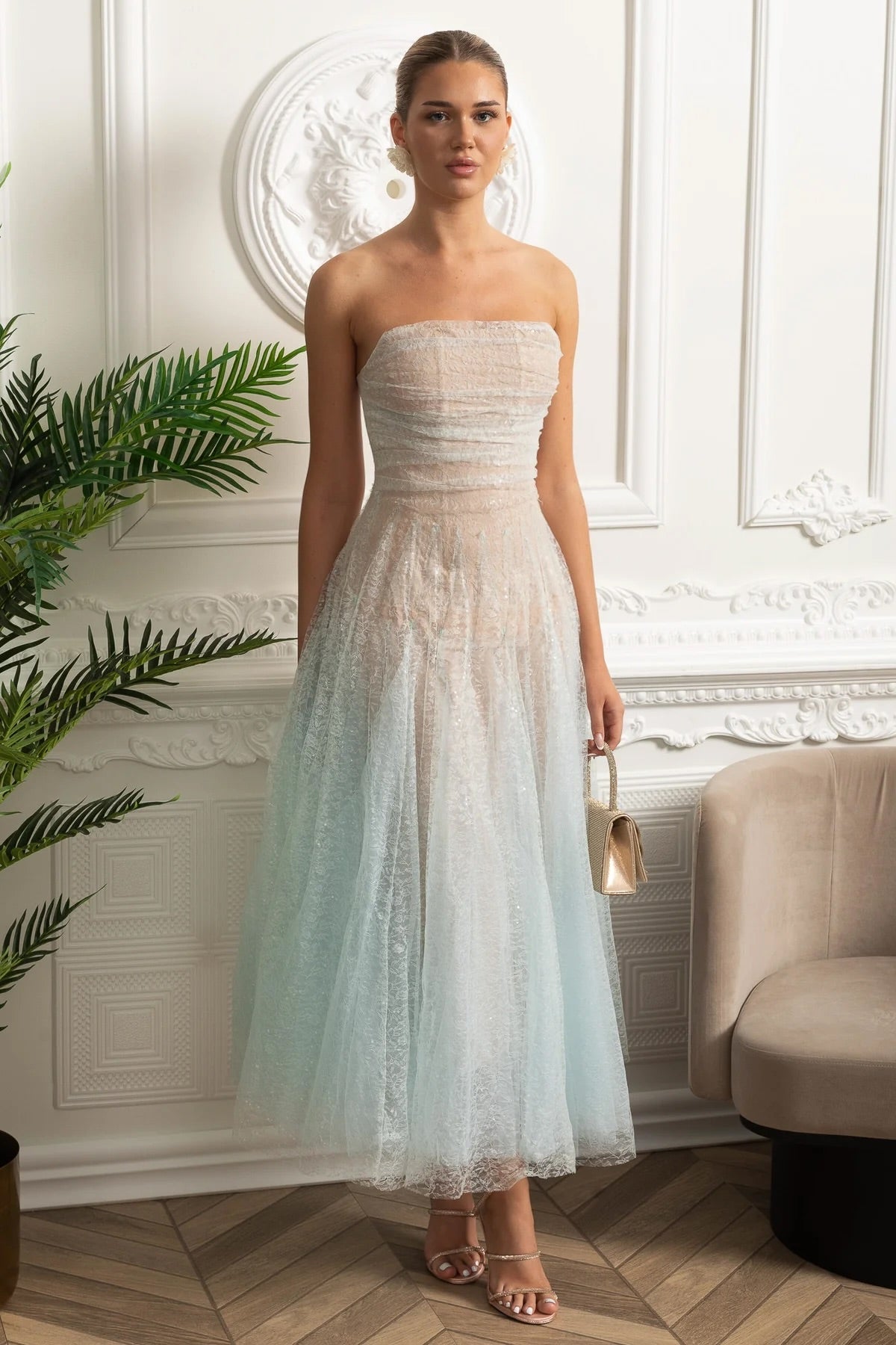 Strapless A-Line Midi Dress With Shimmery Textured Overlay - Turquoise Gradient