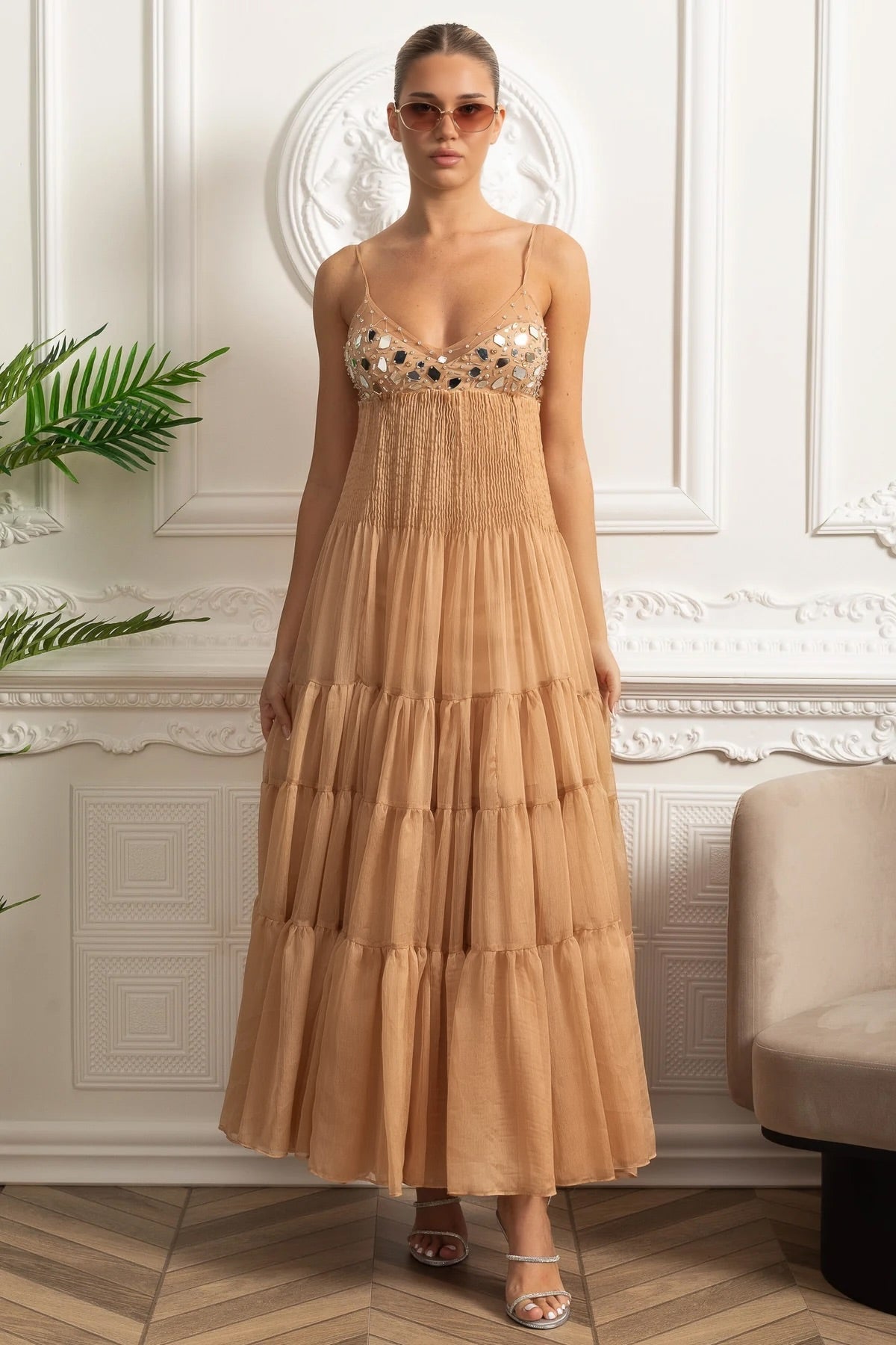 Tiered Maxi Dress with Fitted Bust and Reflective Accents - Beige