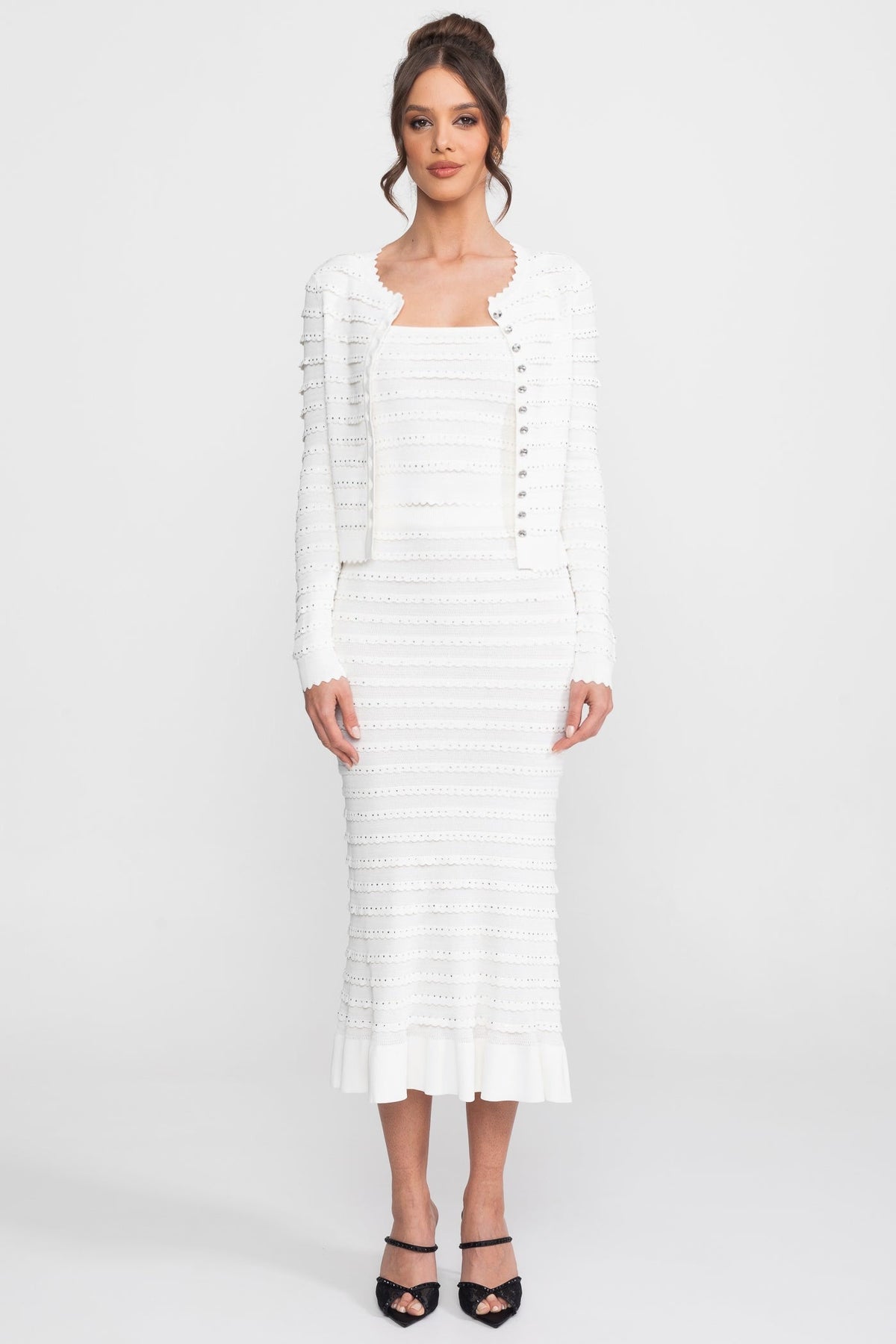Textured Knit 3 Piece Set With Blazer, Top And Midi Skirt - White