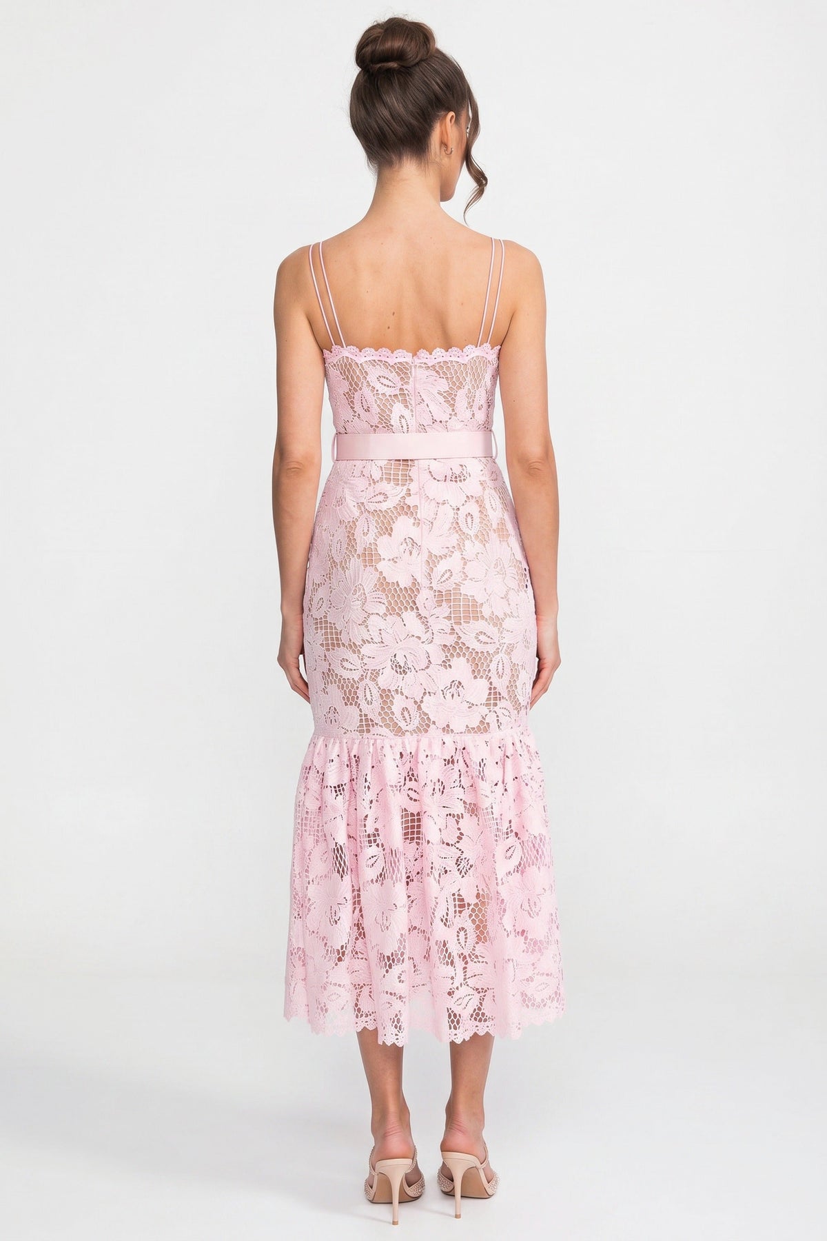 Lace Midi Dress With Belted Waist And Flounce Hem - Pink