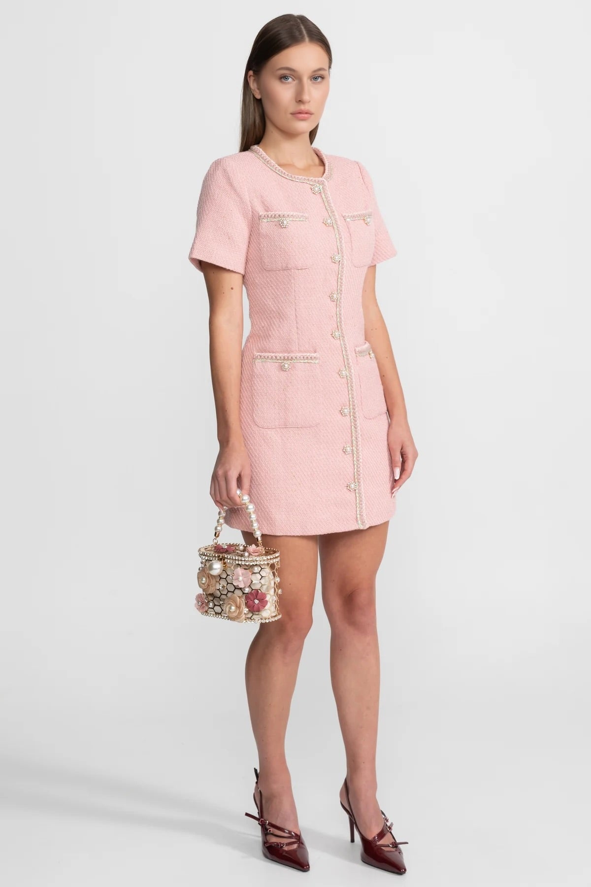 Short Sleeve Tweed Mini Dress With Pearl Buttons – Blush Pink