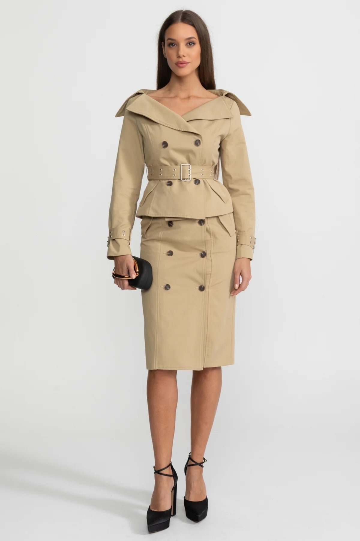 Off-Shoulder Peplum Trench Jacket and Pencil Skirt Co-Ord Set – Khaki