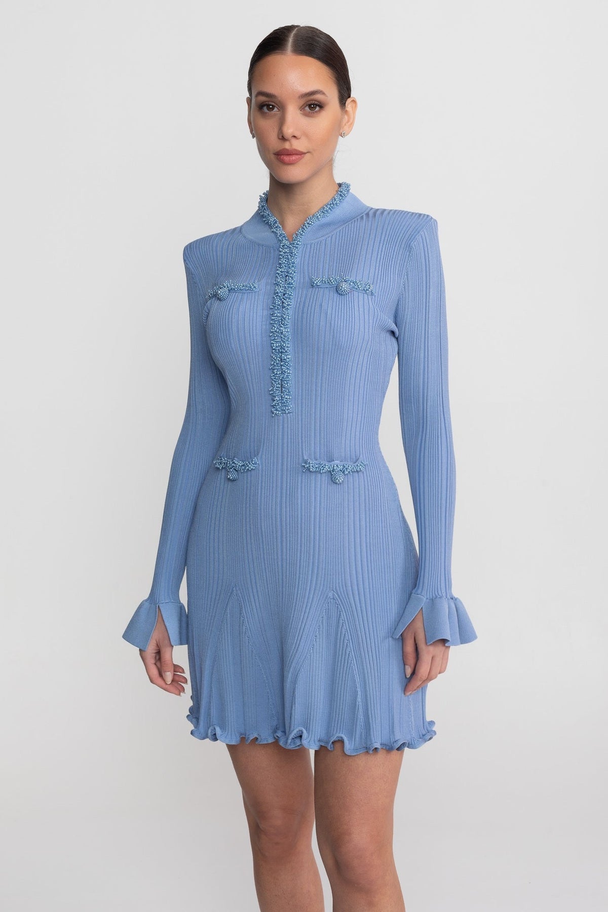 Ribbed Knit Mini Dress With Beaded Trim Detailing - Blue