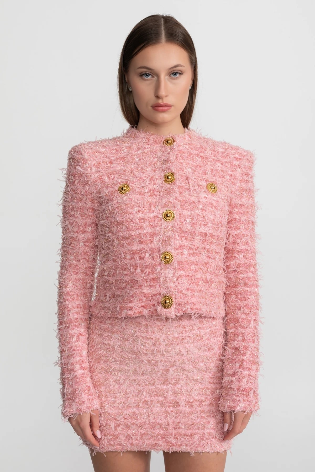 Textured Tweed Jacket With Gold Button Embellishments – Pink