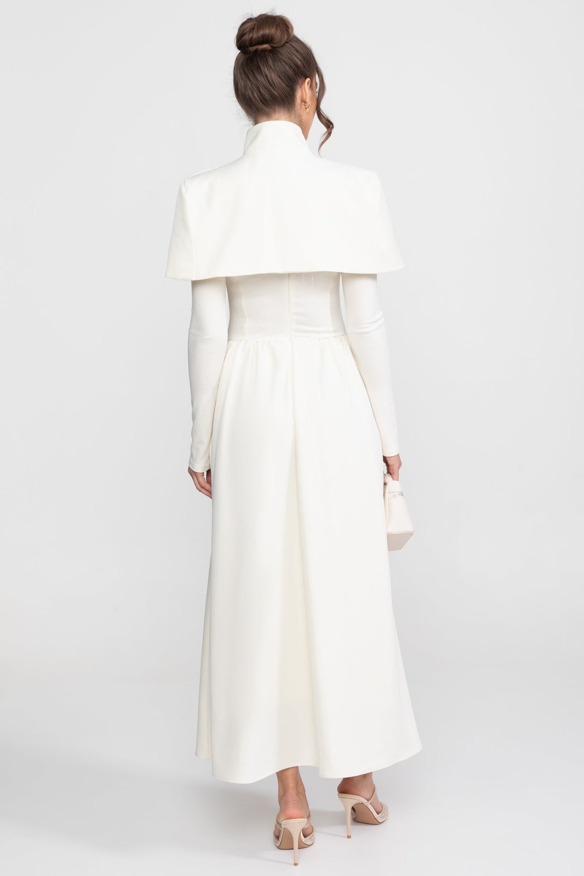 High-Neck Maxi Dress With Attached Capelet And Long Sleeves - White
