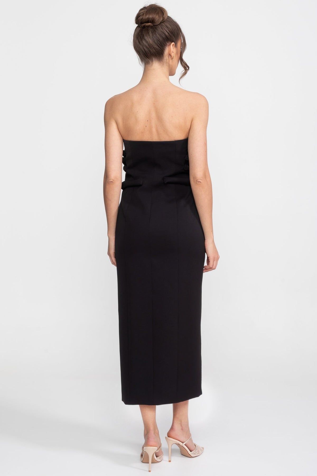 Black Midi Dress With Sculptural Knotted Bodice Detail And Jewel Buttons - Black