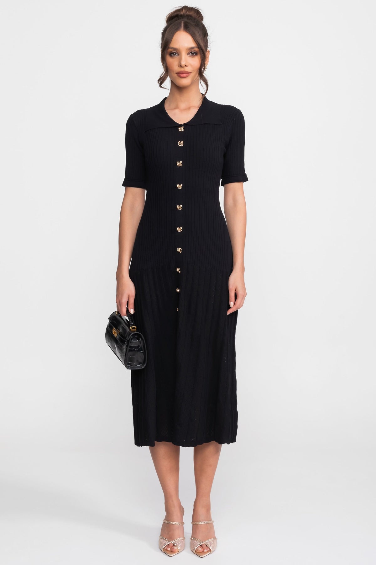 Ribbed Knit Midi Dress With Peter Pan Collar And Pleated Skirt - Black