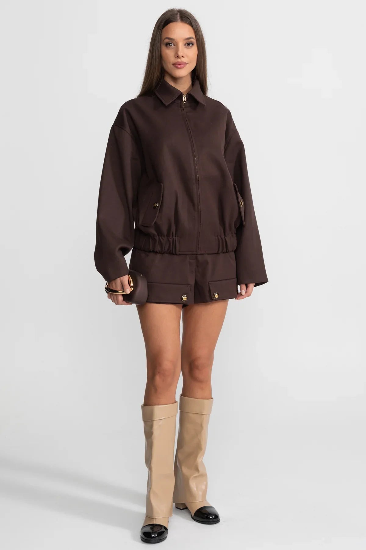 Co-Ord Set With Zip-Up Utility Jacket And Matching Mini Skirt –  Brown