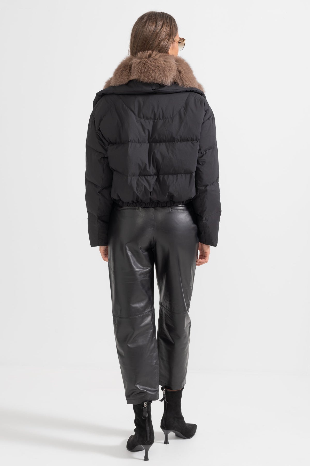 Puffer Jacket With Brown Fox Fur-Lined Hood - Black