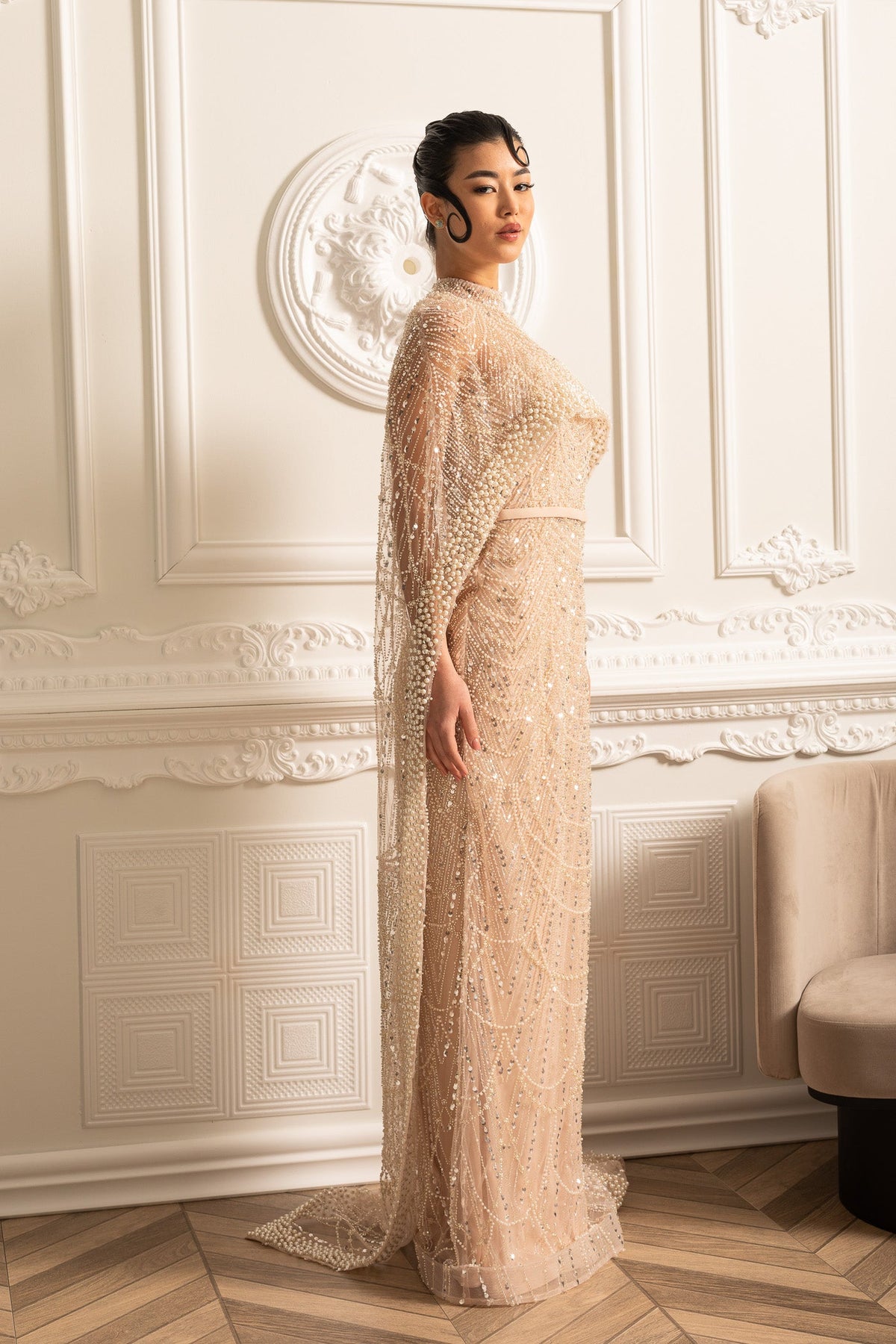 Glamourous Beaded Gown With Detachable Veil - Beige