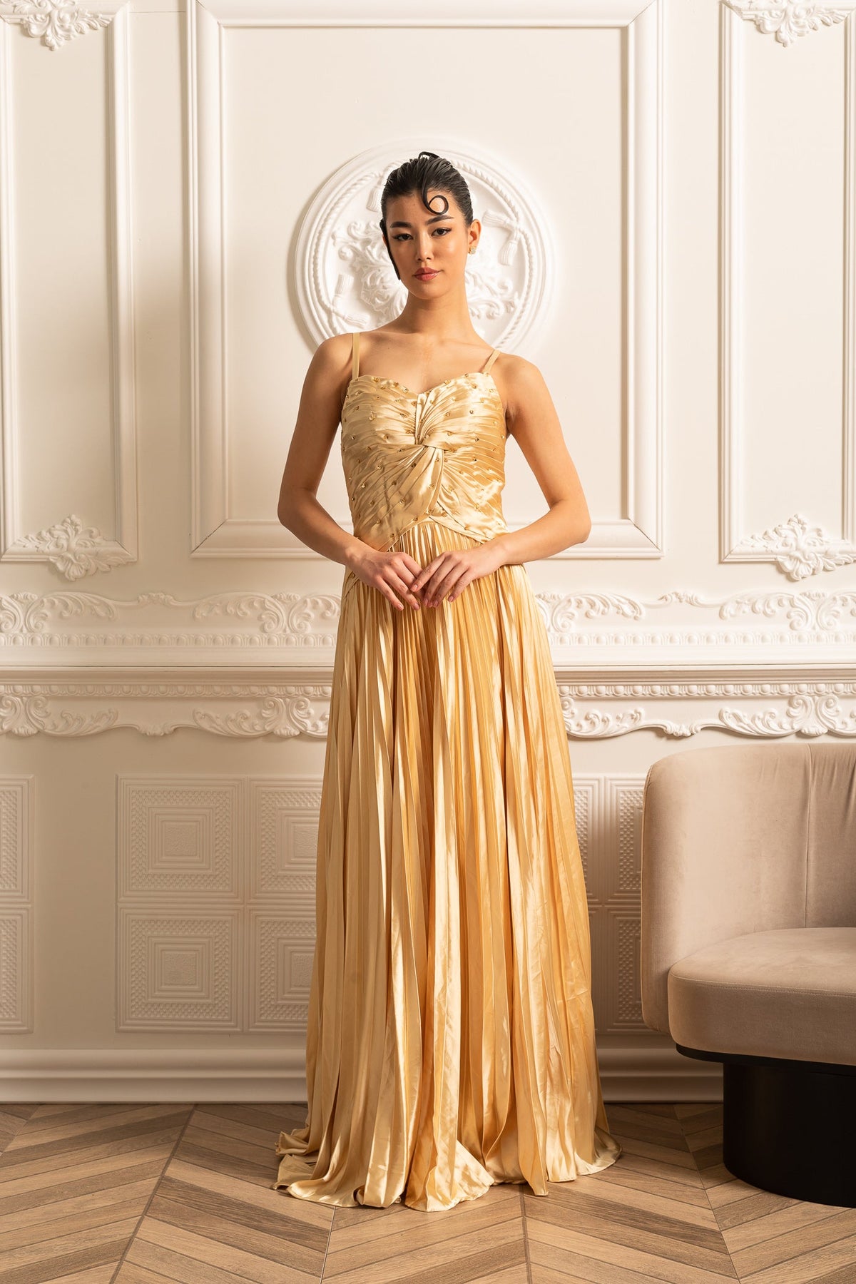 Cascade Gown With Back Lace Detail - Gold