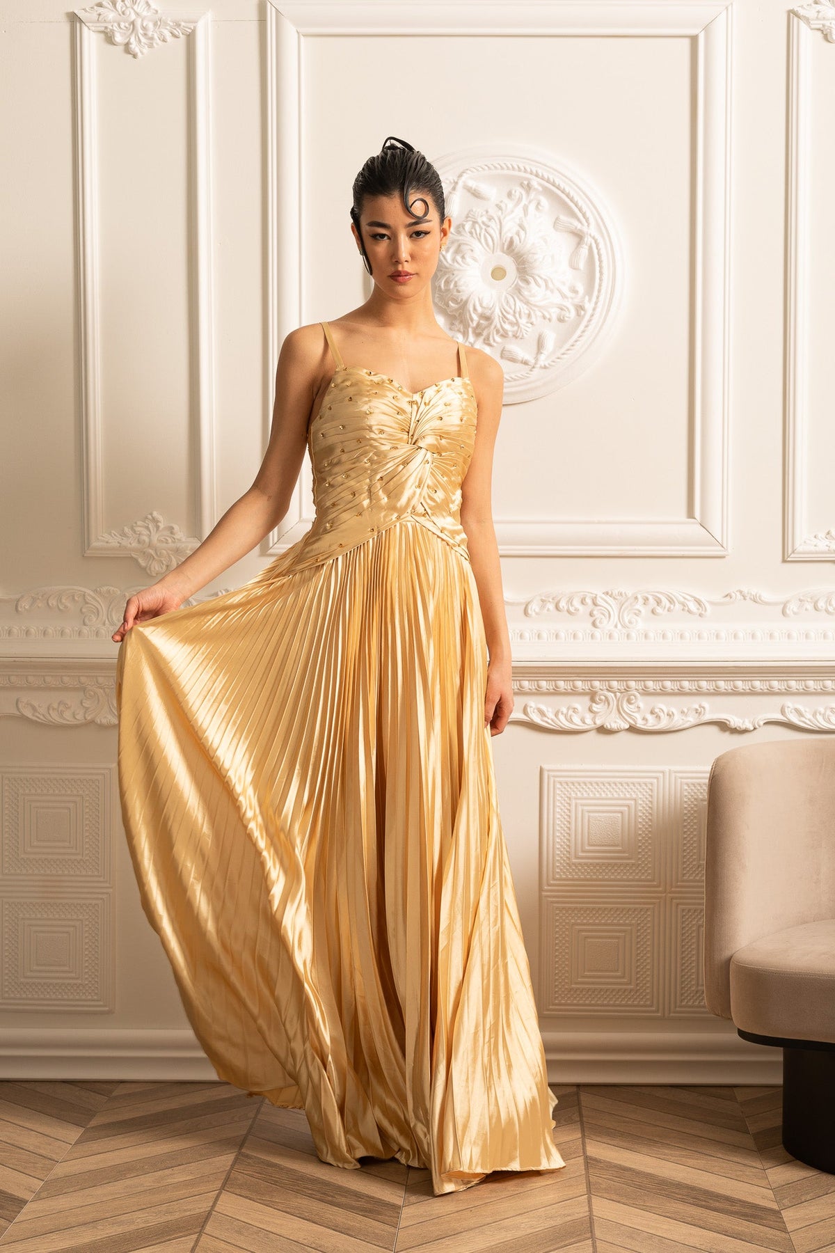 Cascade Gown With Back Lace Detail - Gold